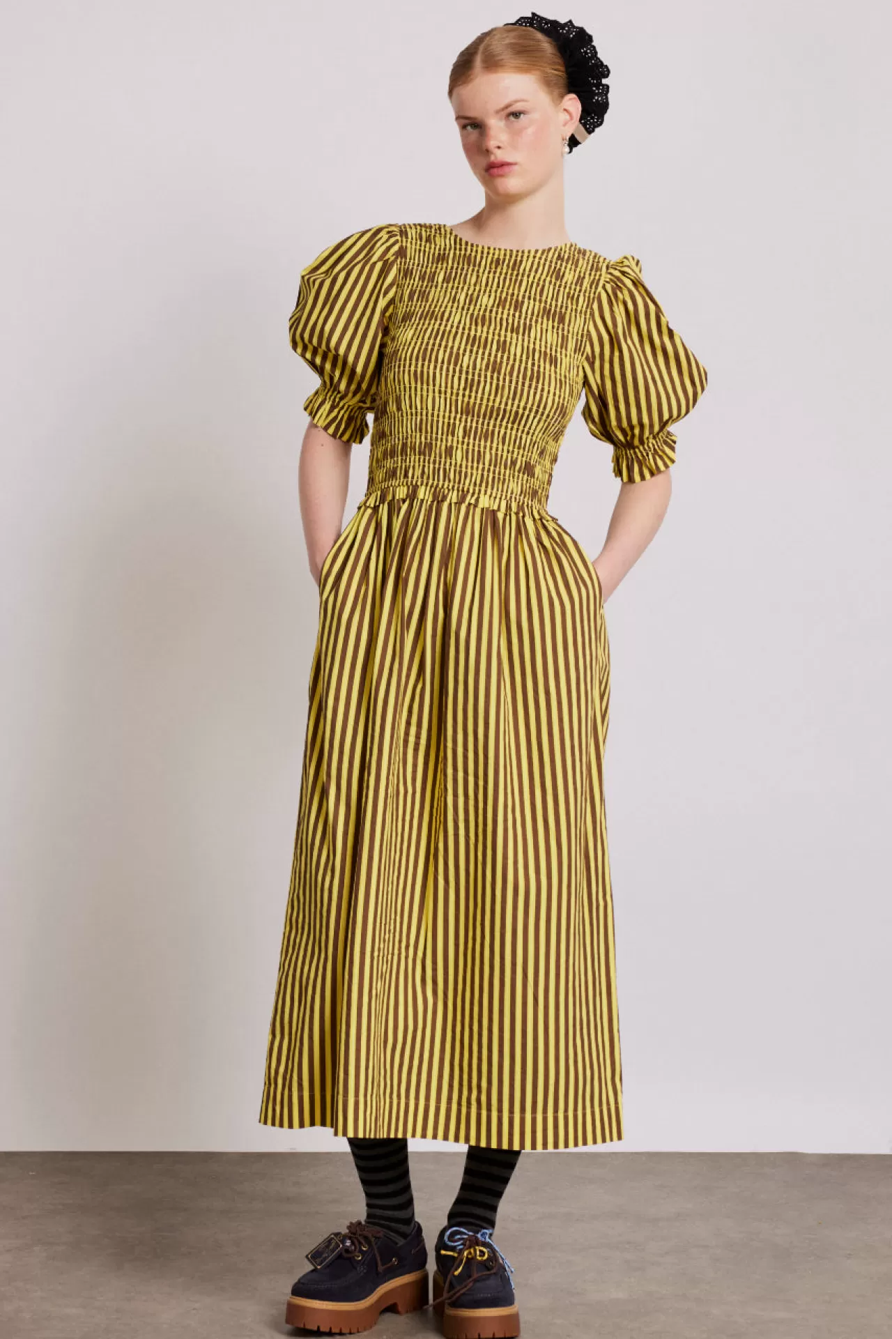 Hot Damson Madder bluebelle midi dress - brown yellow stripe yellow/choc