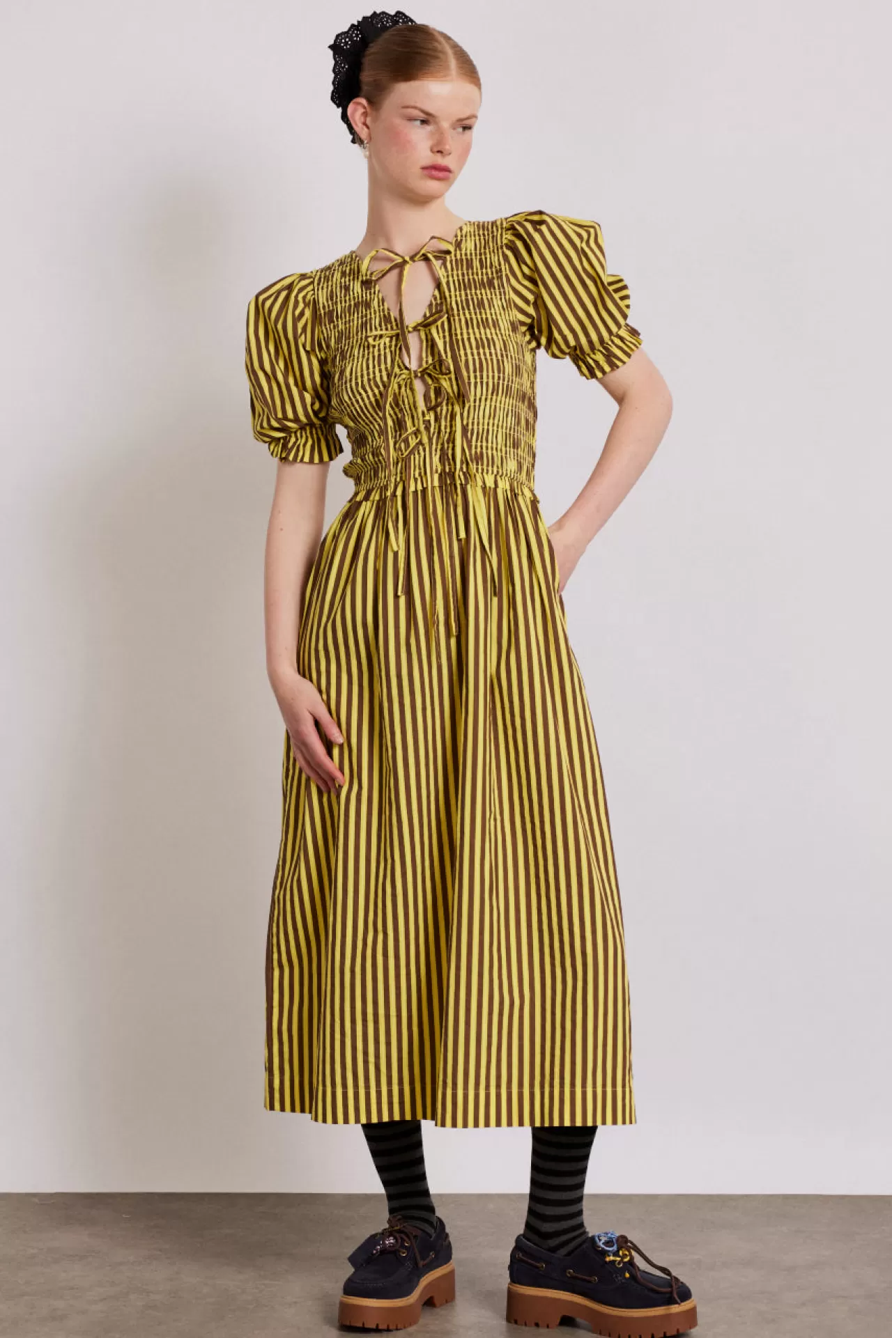 Hot Damson Madder bluebelle midi dress - brown yellow stripe yellow/choc