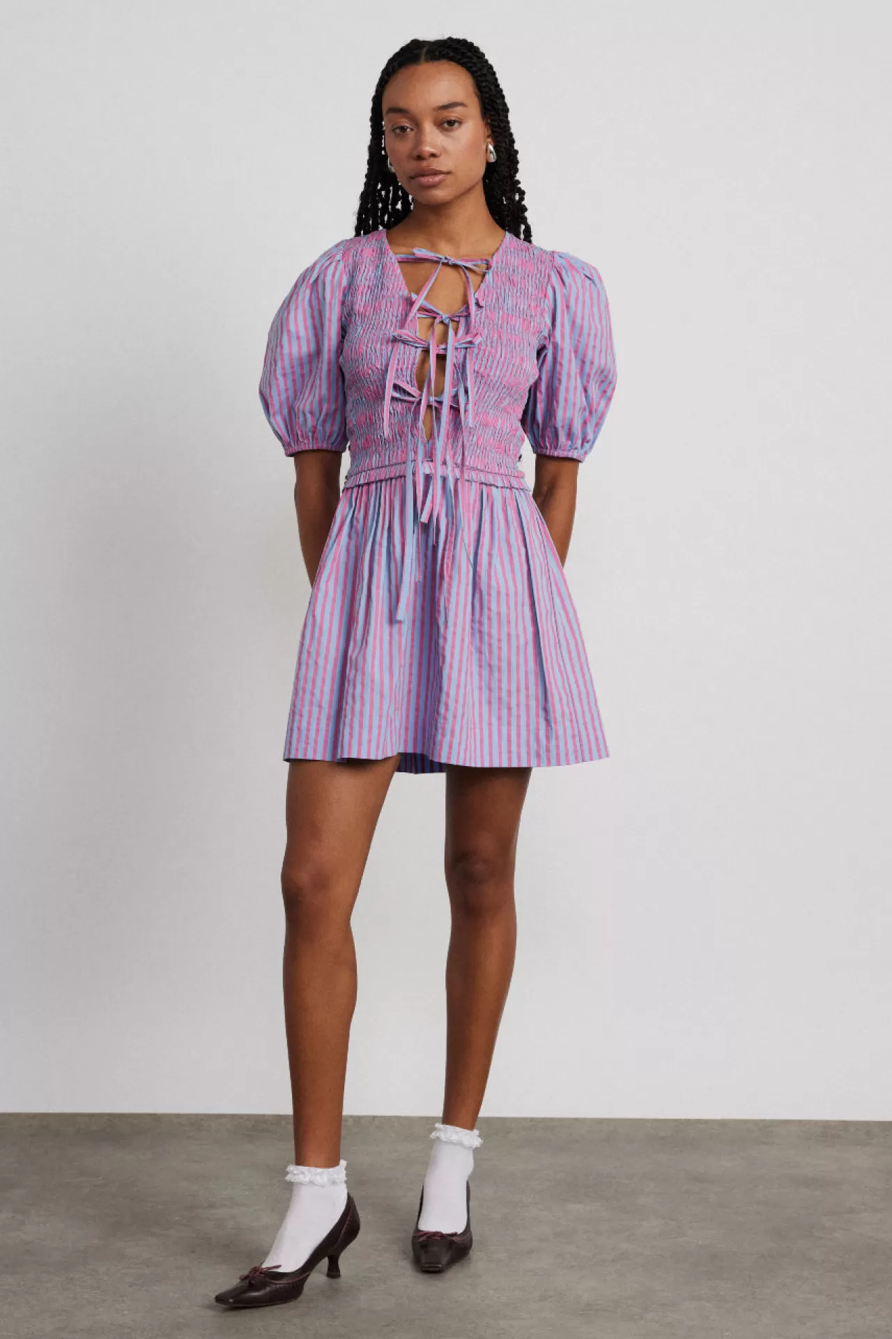 Store Damson Madder bluebelle shirred mini dress - pink u0026 blue stripe multi