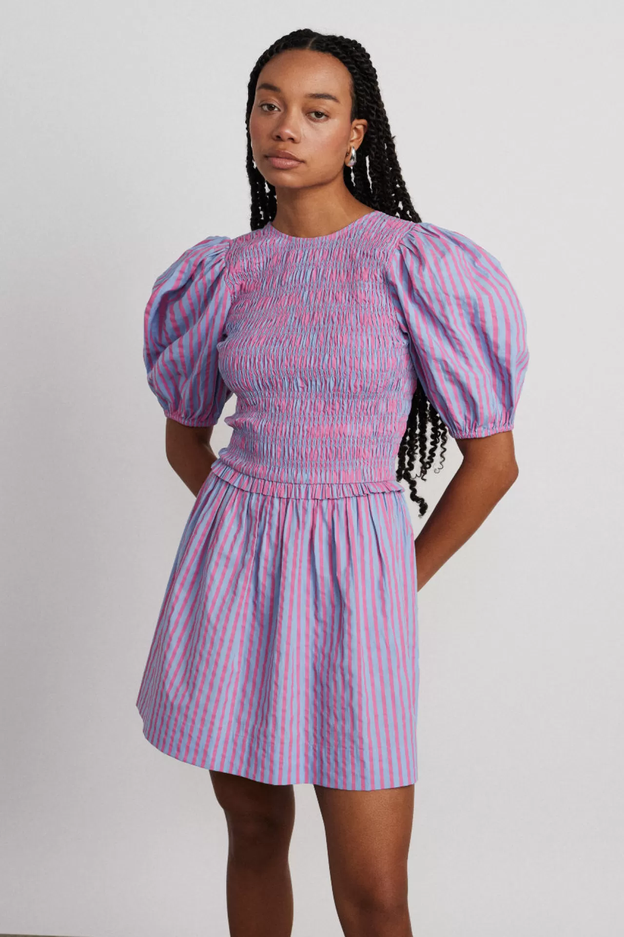 Store Damson Madder bluebelle shirred mini dress - pink u0026 blue stripe multi