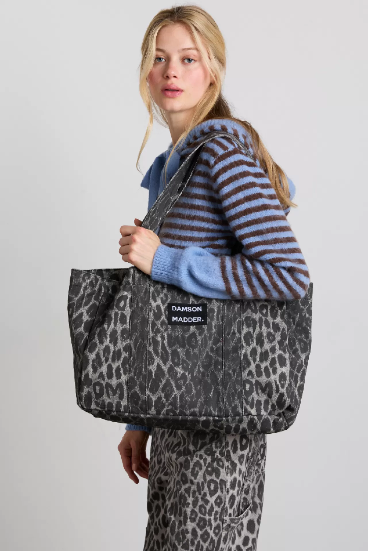 Hot Damson Madder canvas tote bag in grey leopard print greyleopard