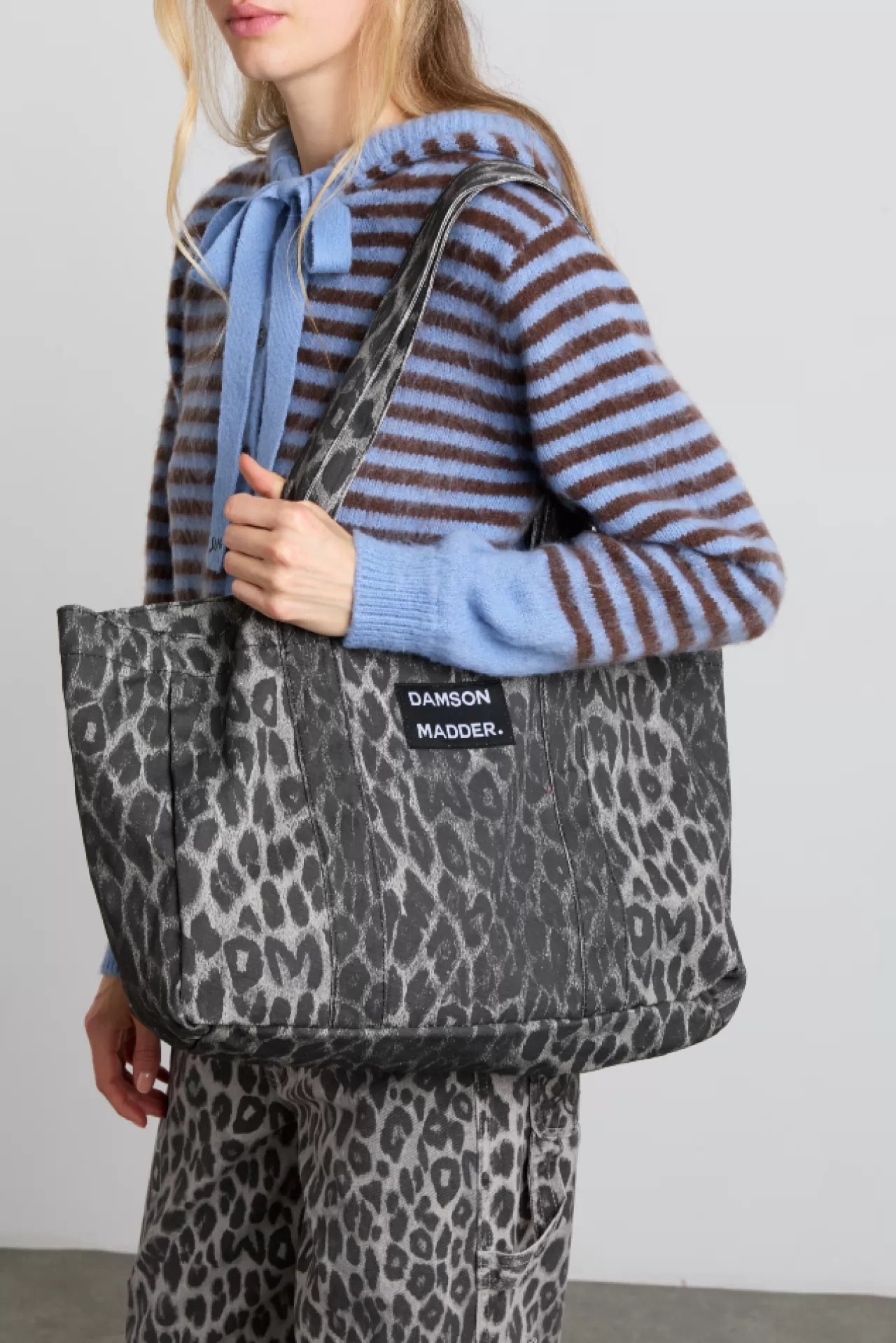 Hot Damson Madder canvas tote bag in grey leopard print greyleopard