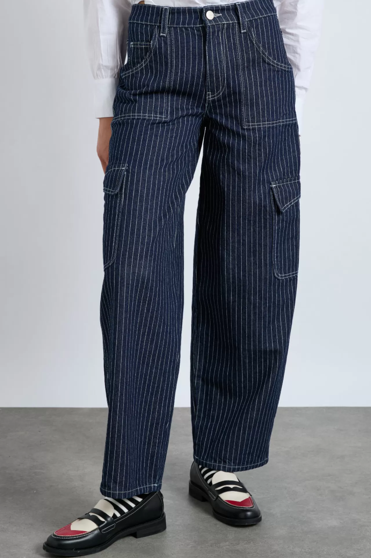 Clearance Damson Madder cargo jeans - navy pinstripe blue