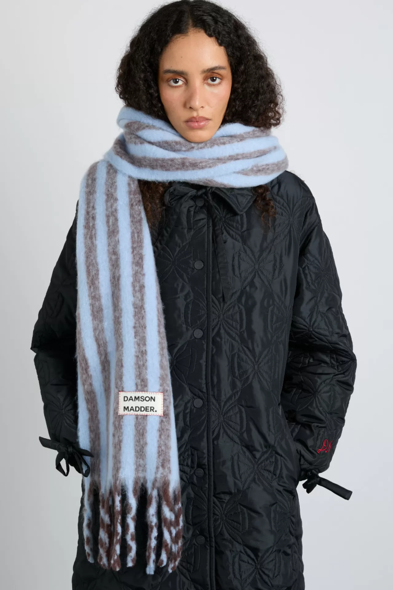 Discount Damson Madder chocolate u0026 baby blue fluffy stripe scarf