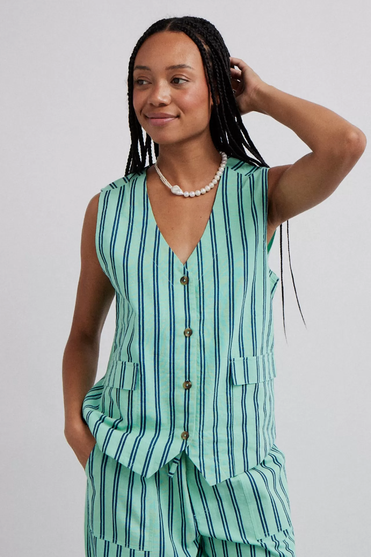 Clearance Damson Madder coco oversized waistcoat - stripe mint