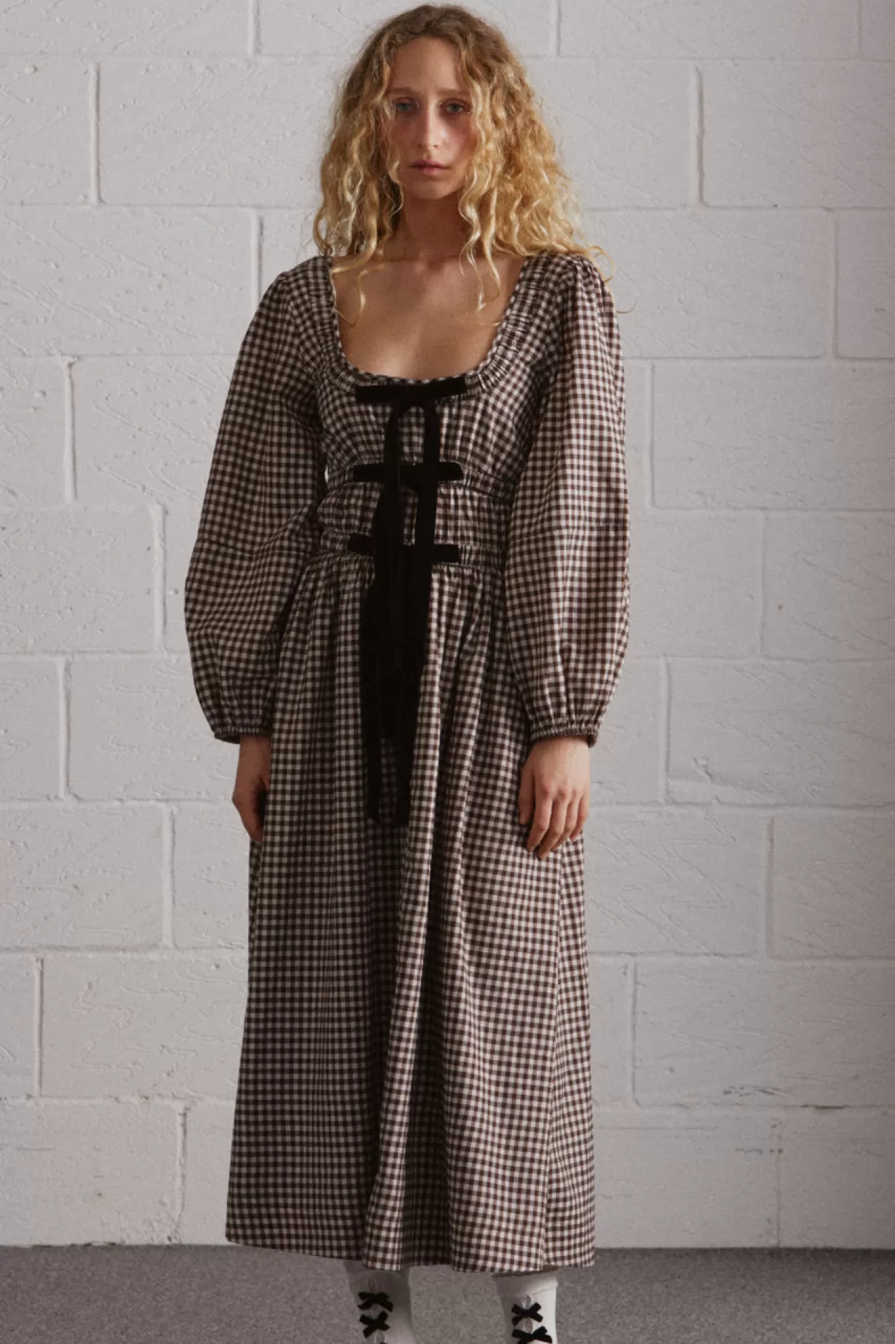 Shop Damson Madder dakota bow midi dress - chocolate check brown