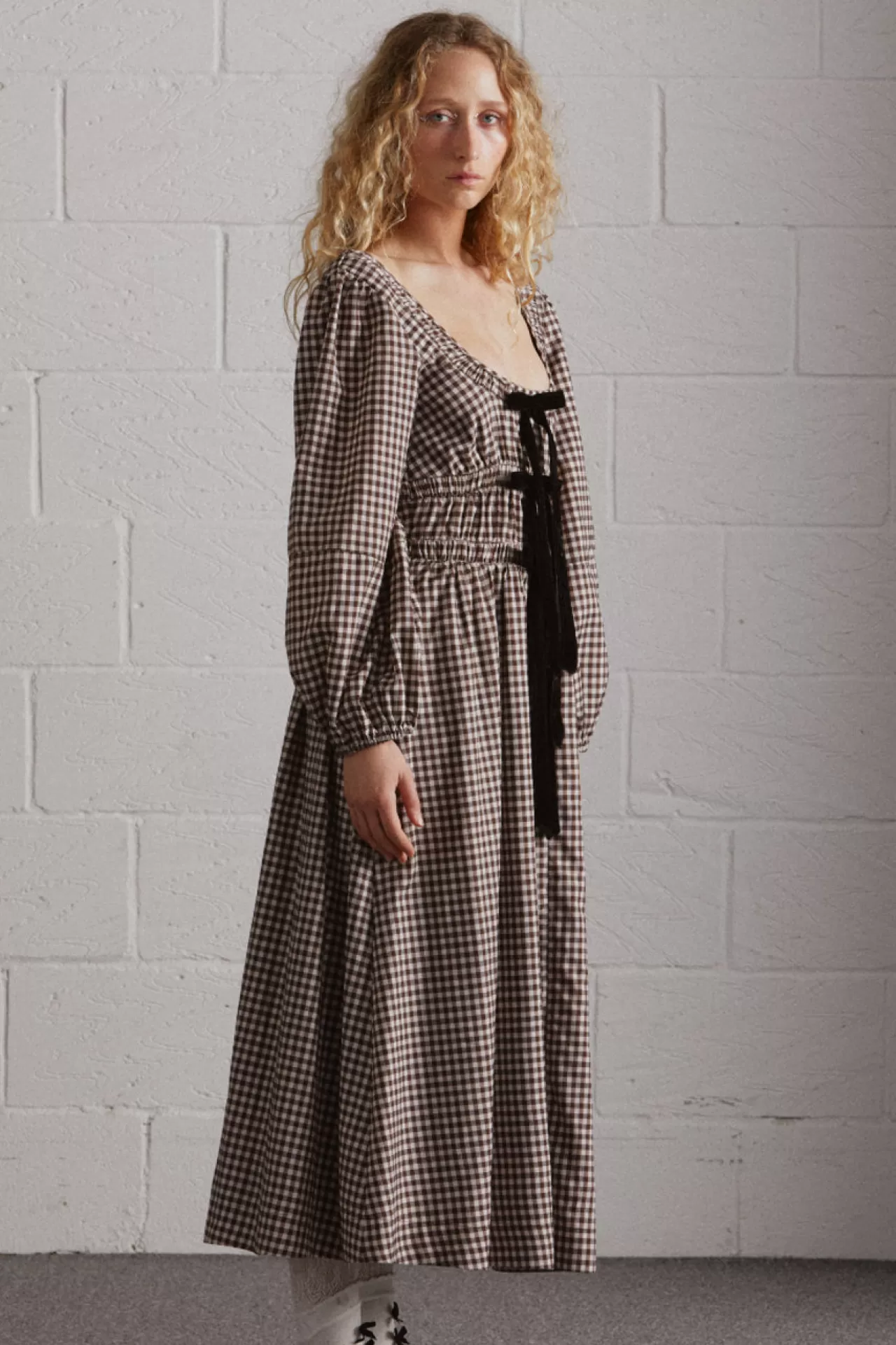 Shop Damson Madder dakota bow midi dress - chocolate check brown