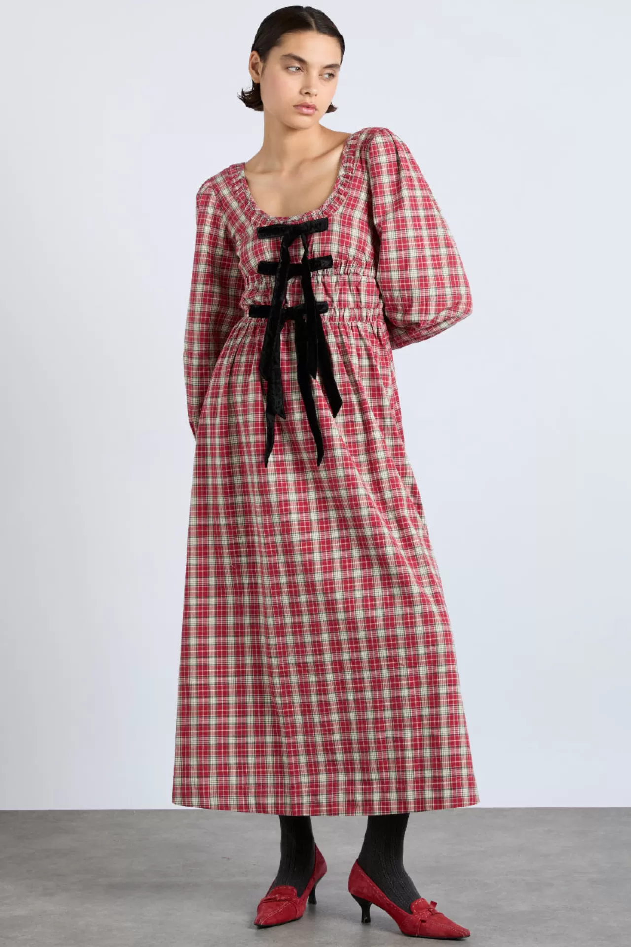 Discount Damson Madder dakota bow midi dress - tartan redcheck
