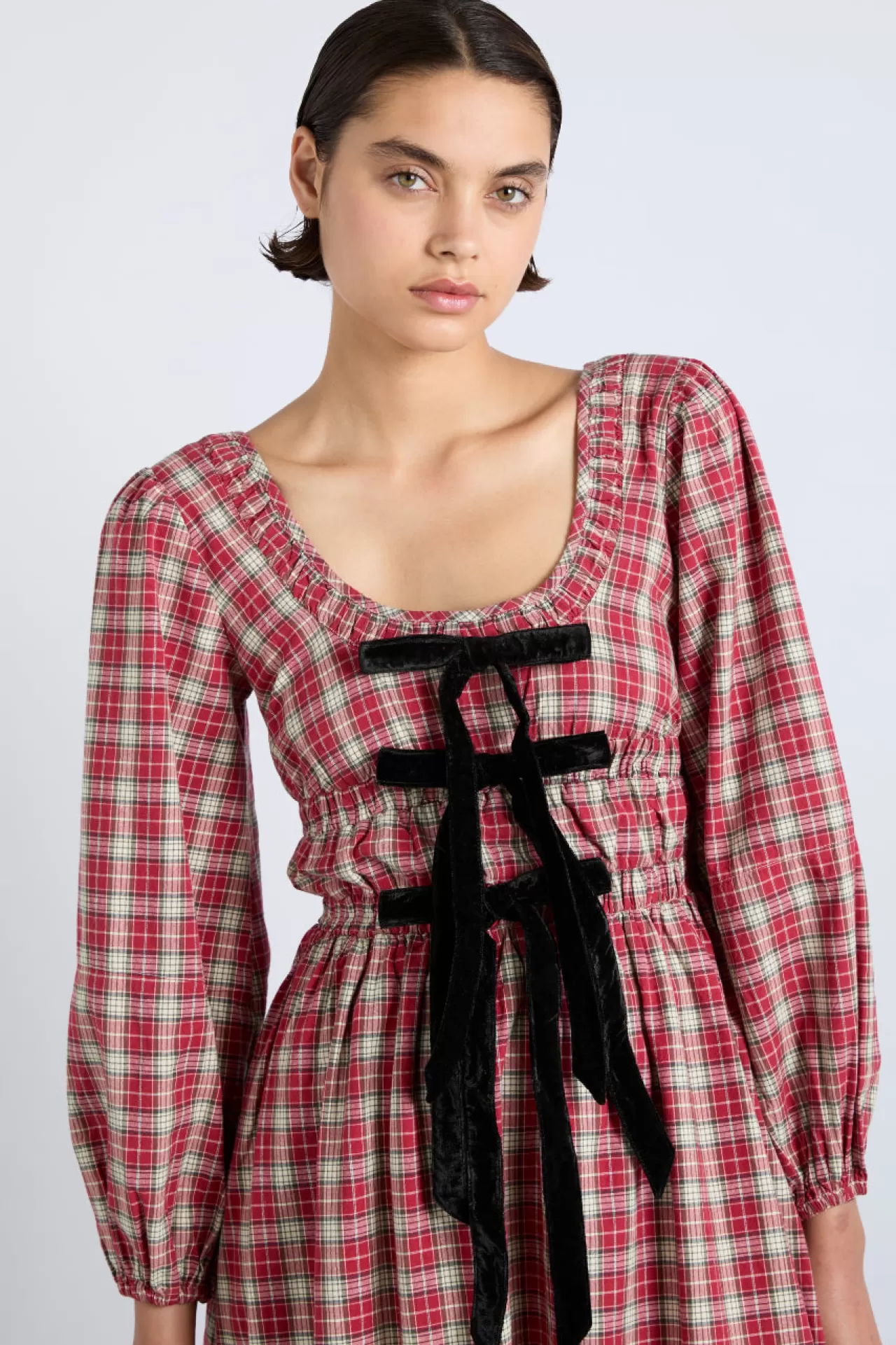 Discount Damson Madder dakota bow midi dress - tartan redcheck