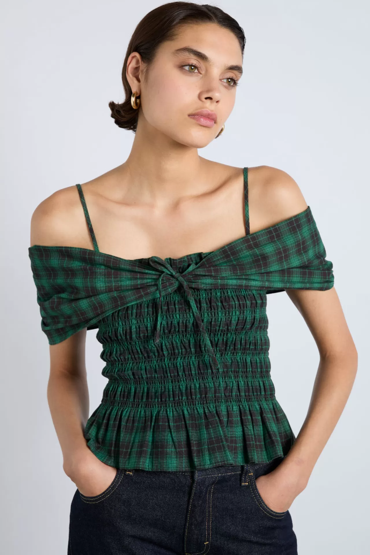 Fashion Damson Madder elsa shirred bardot cami - check green