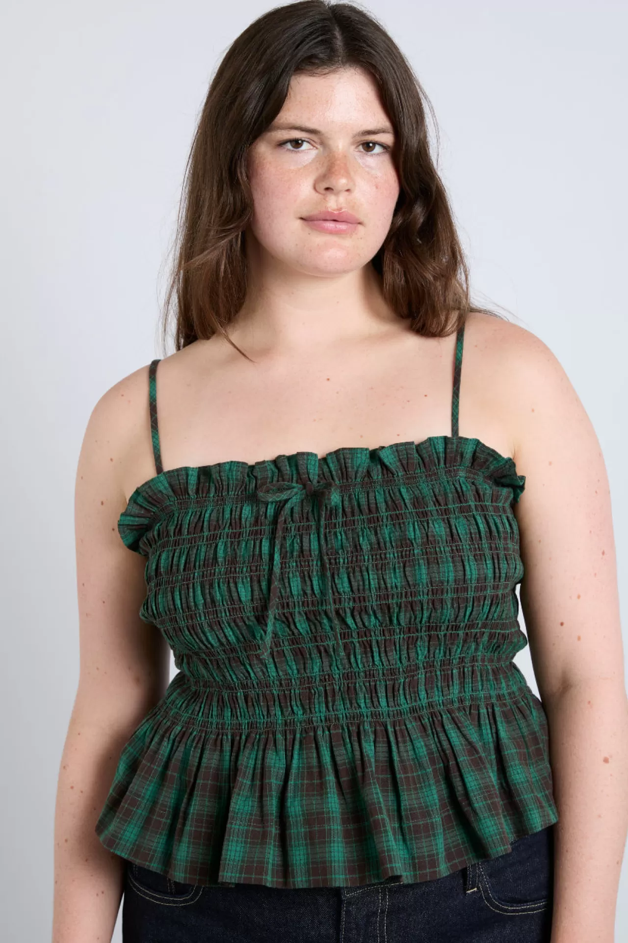 Fashion Damson Madder elsa shirred bardot cami - check green
