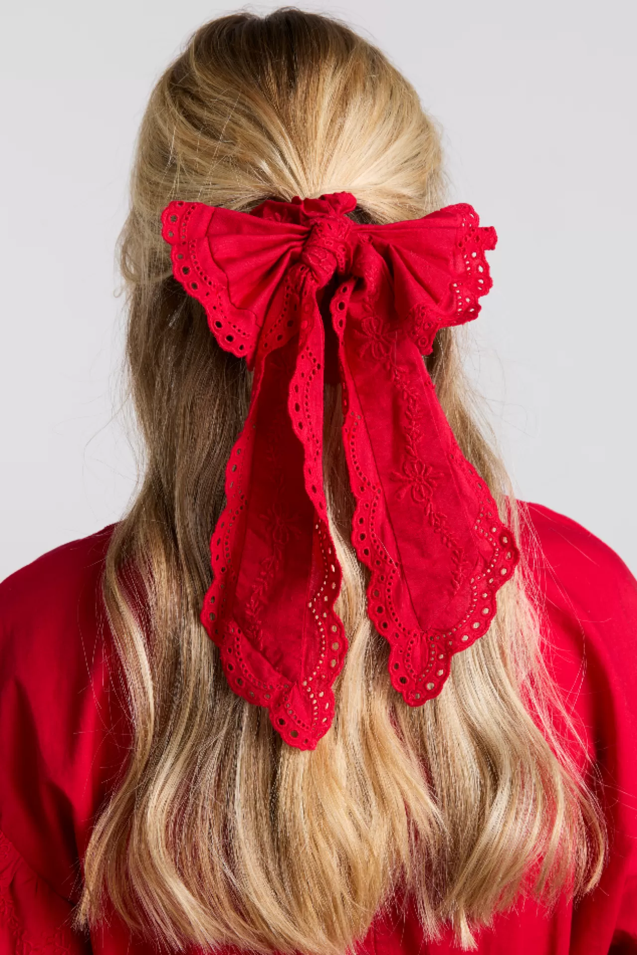 Shop Damson Madder embroide bow scruchie in red