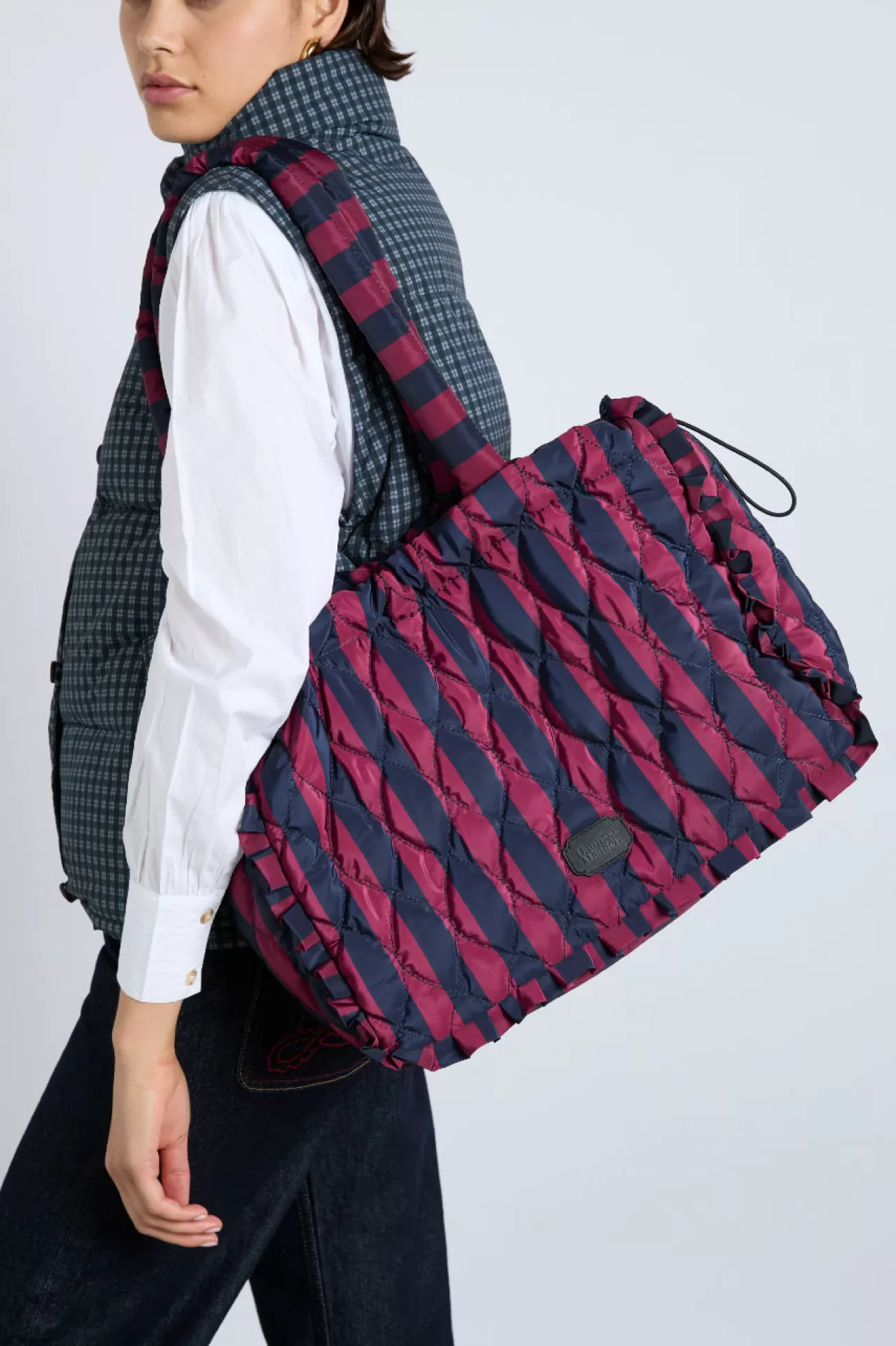 Discount Damson Madder frill edge ruched tote bag - navy u0026 burgundy stripe