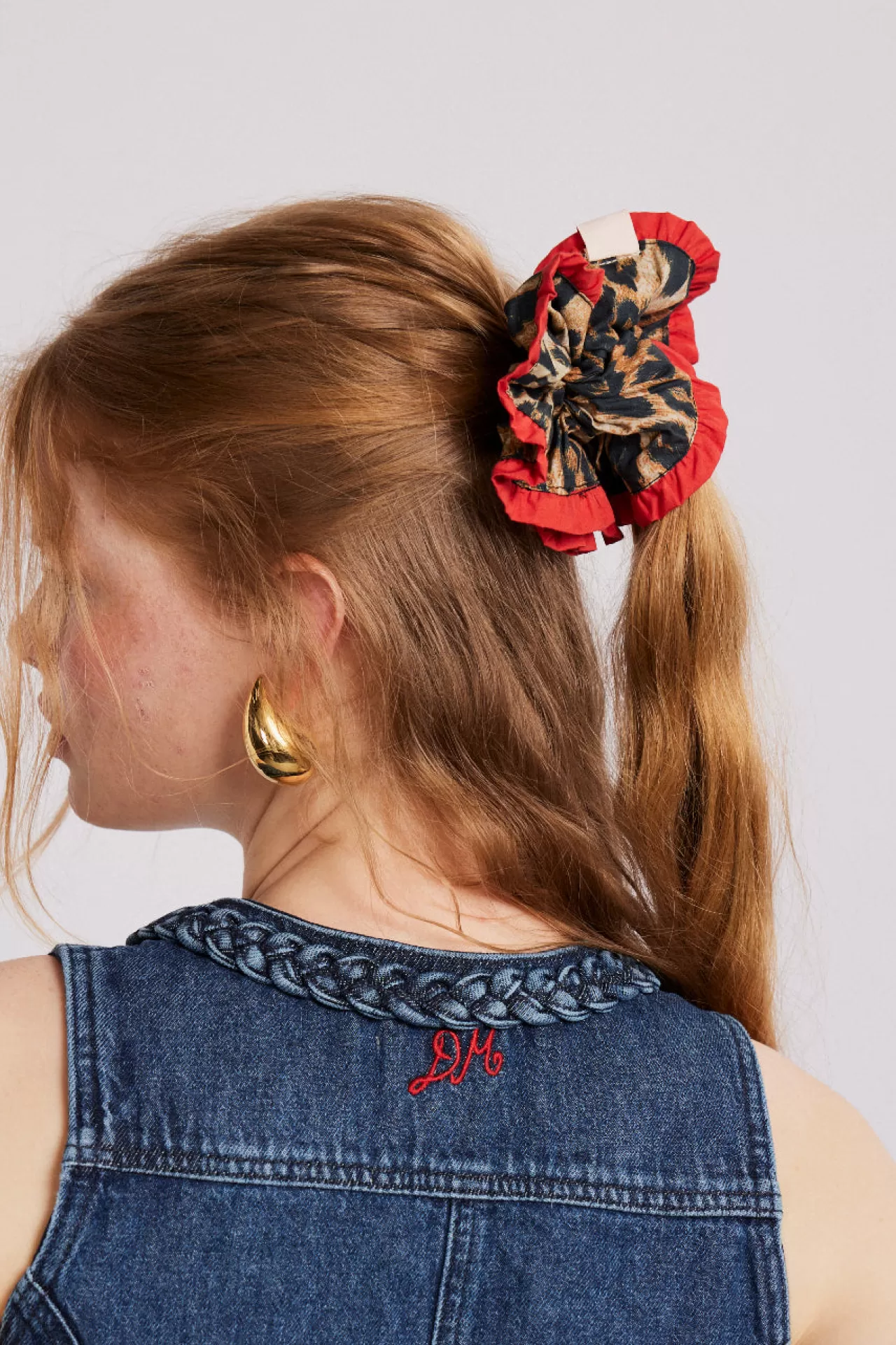 Fashion Damson Madder frill scrunchie in leopard with red edge multi