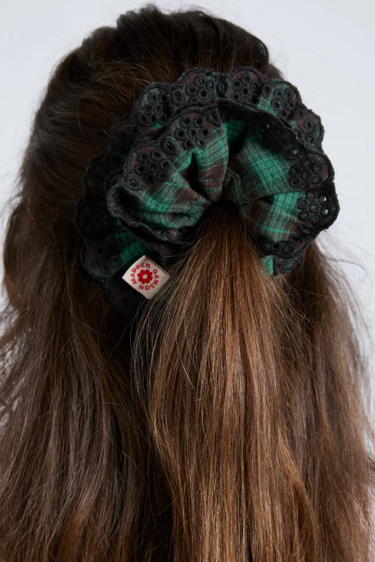 Fashion Damson Madder green check broderie scrunchie greencheck