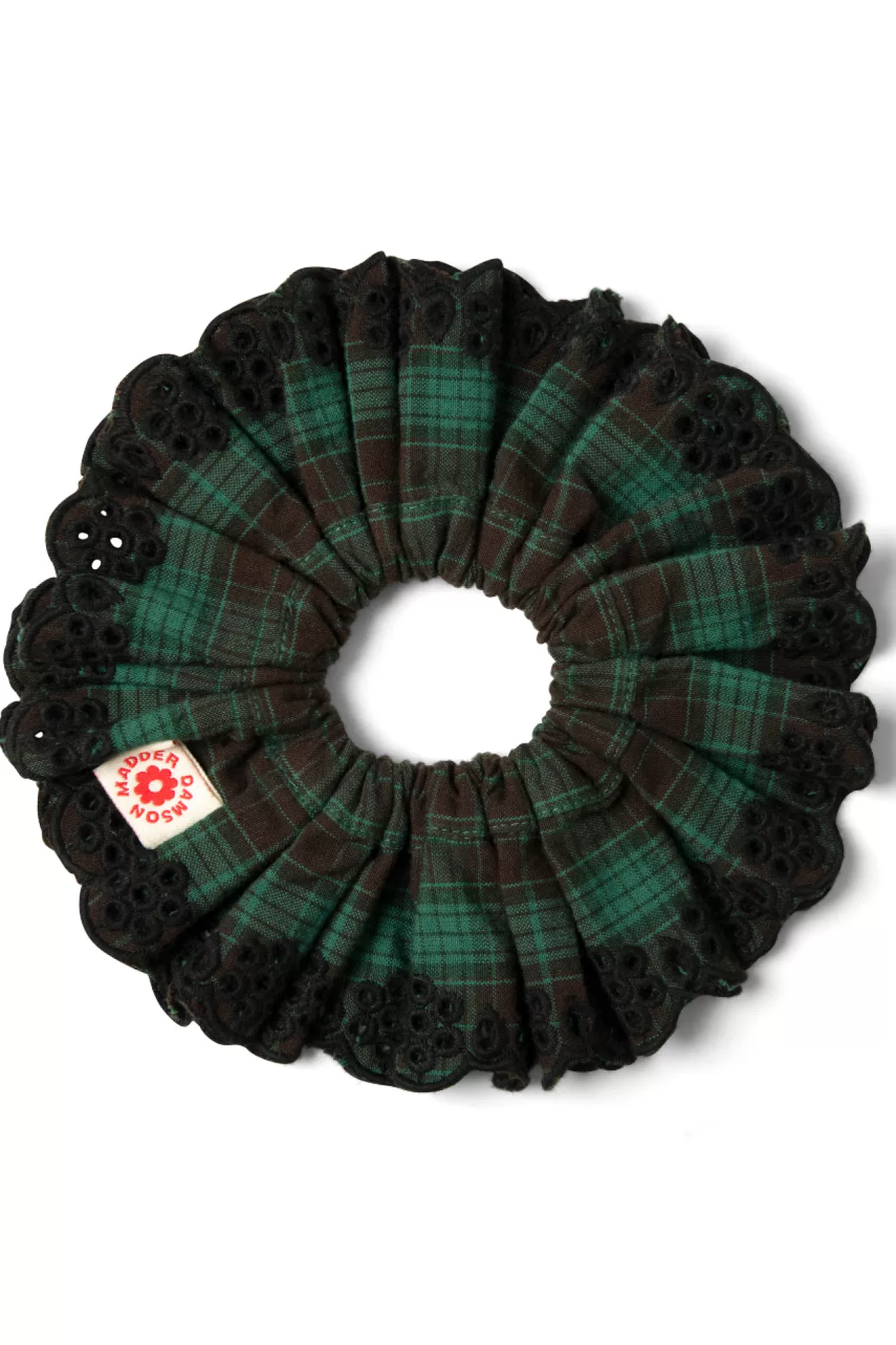 Fashion Damson Madder green check broderie scrunchie greencheck