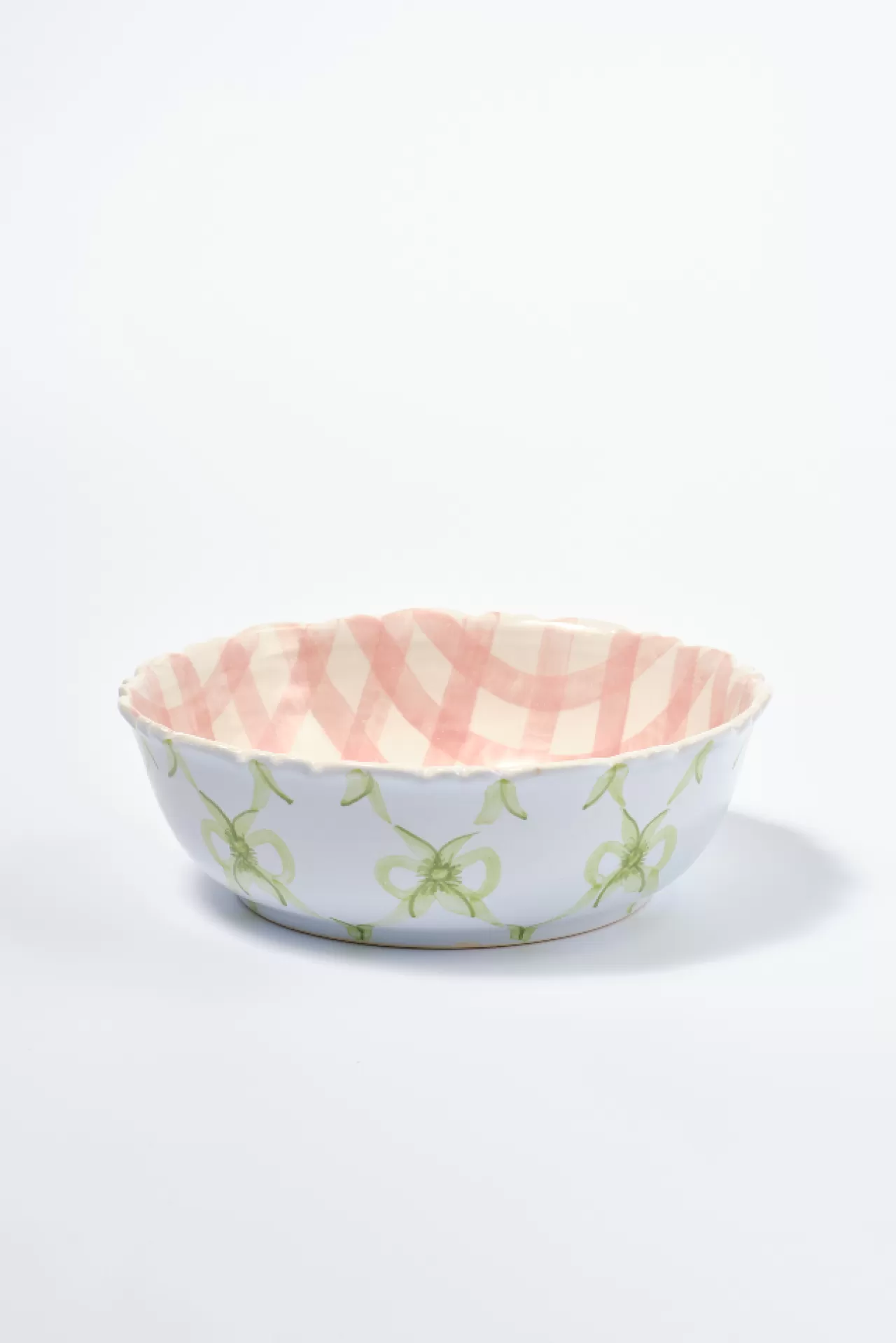 Best Damson Madder hand painted bow frill edge large serving bowl - gingham pink