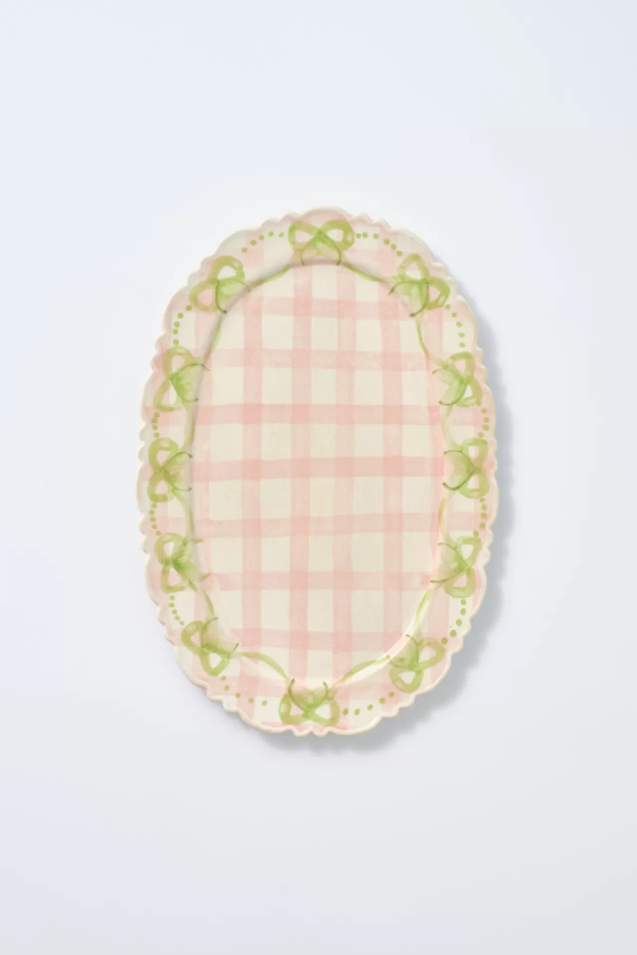 Best Sale Damson Madder hand painted bow frill edge platter - gingham pink