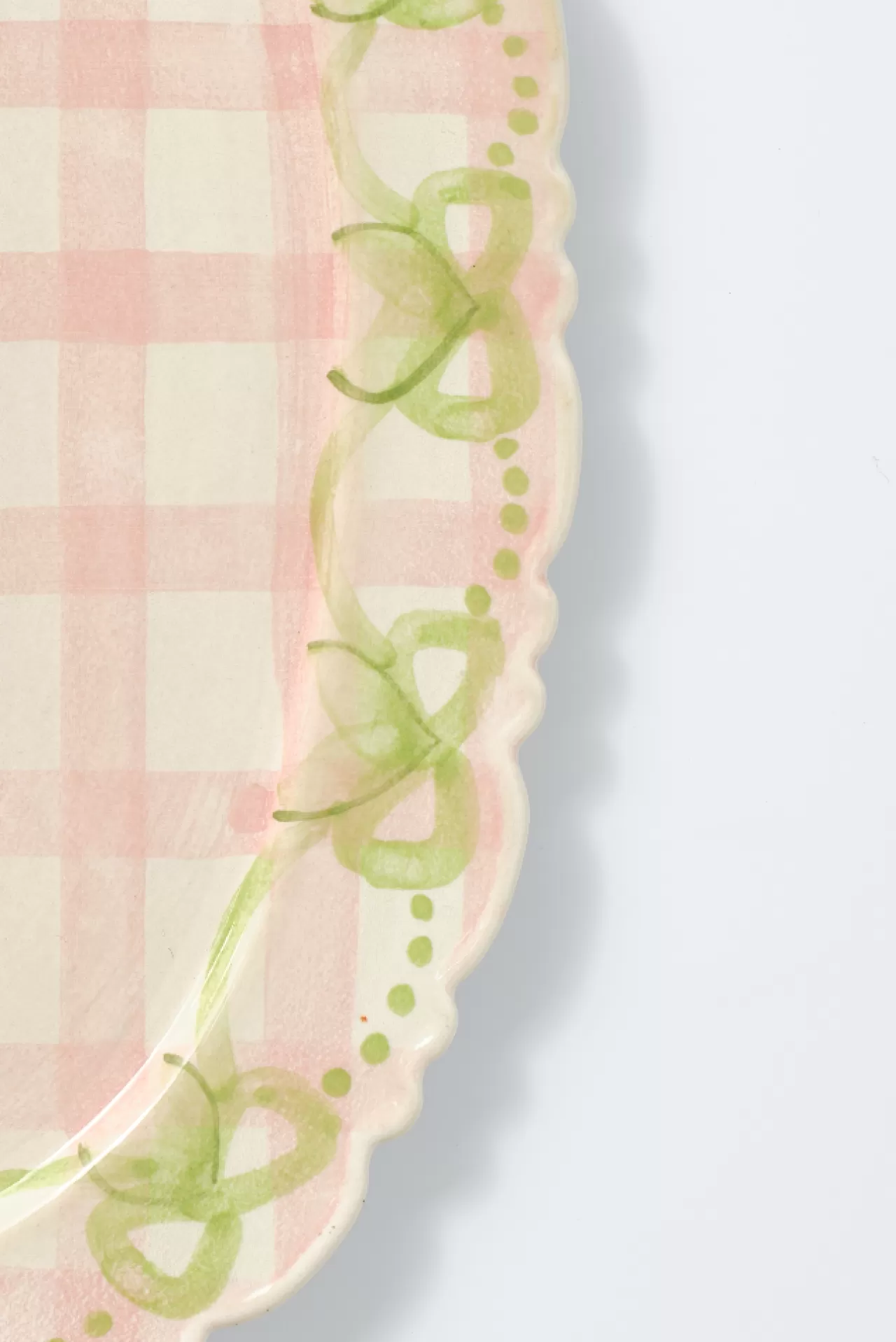 Best Sale Damson Madder hand painted bow frill edge platter - gingham pink