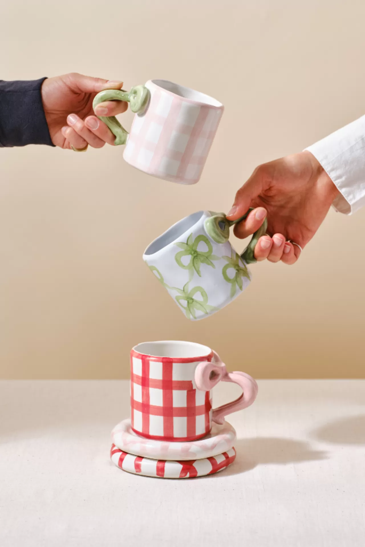 Sale Damson Madder hand painted bow handle mug - bow design green