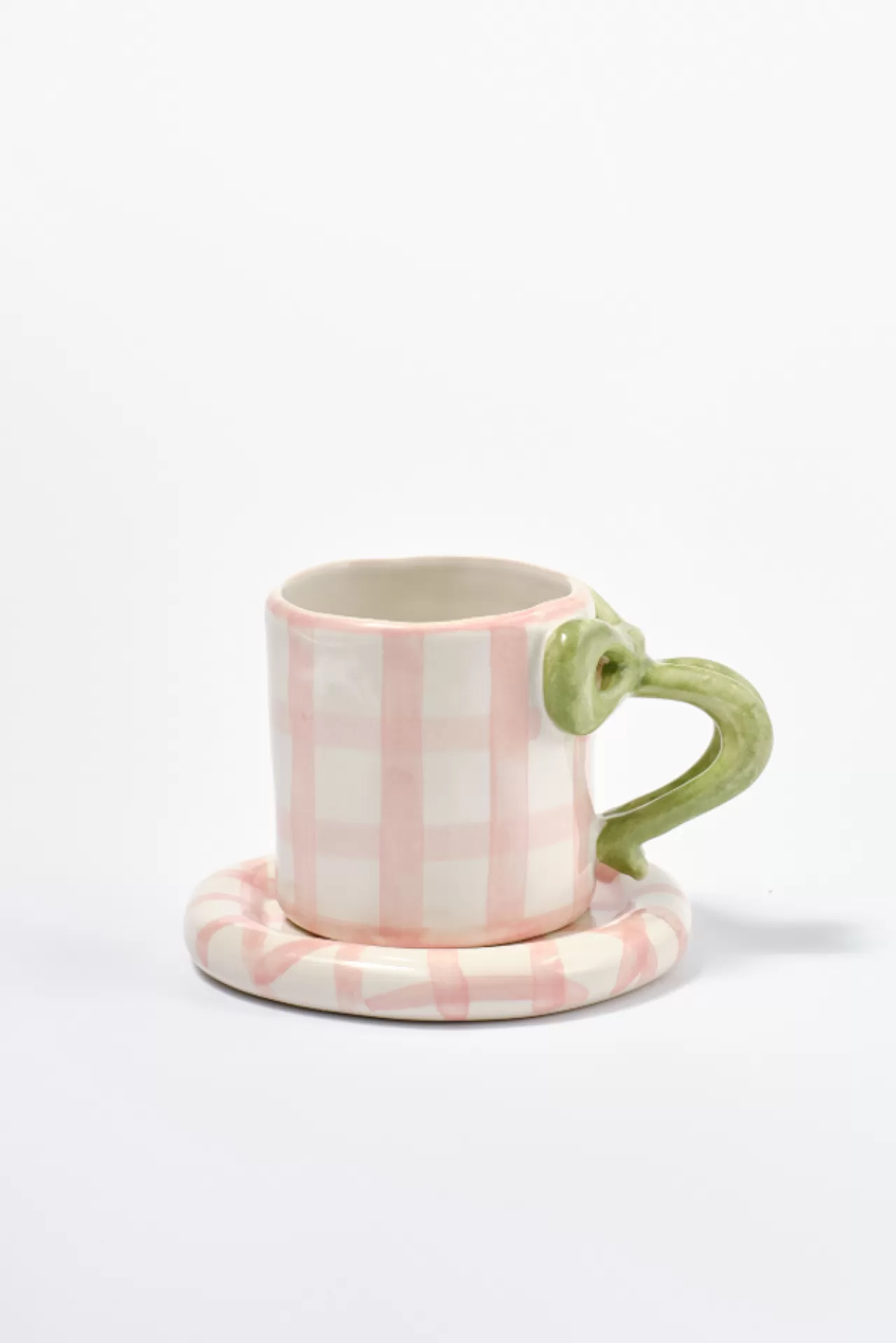 Cheap Damson Madder hand painted bow handle mug - gingham pink