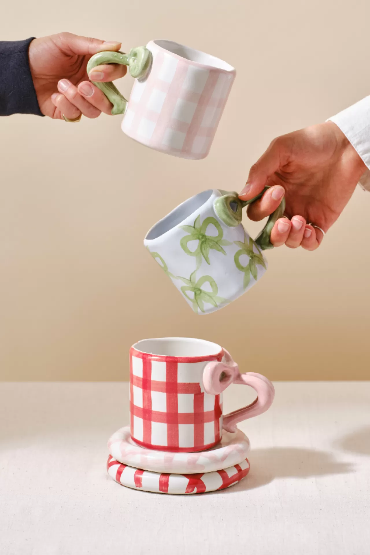 Cheap Damson Madder hand painted bow handle mug - gingham pink