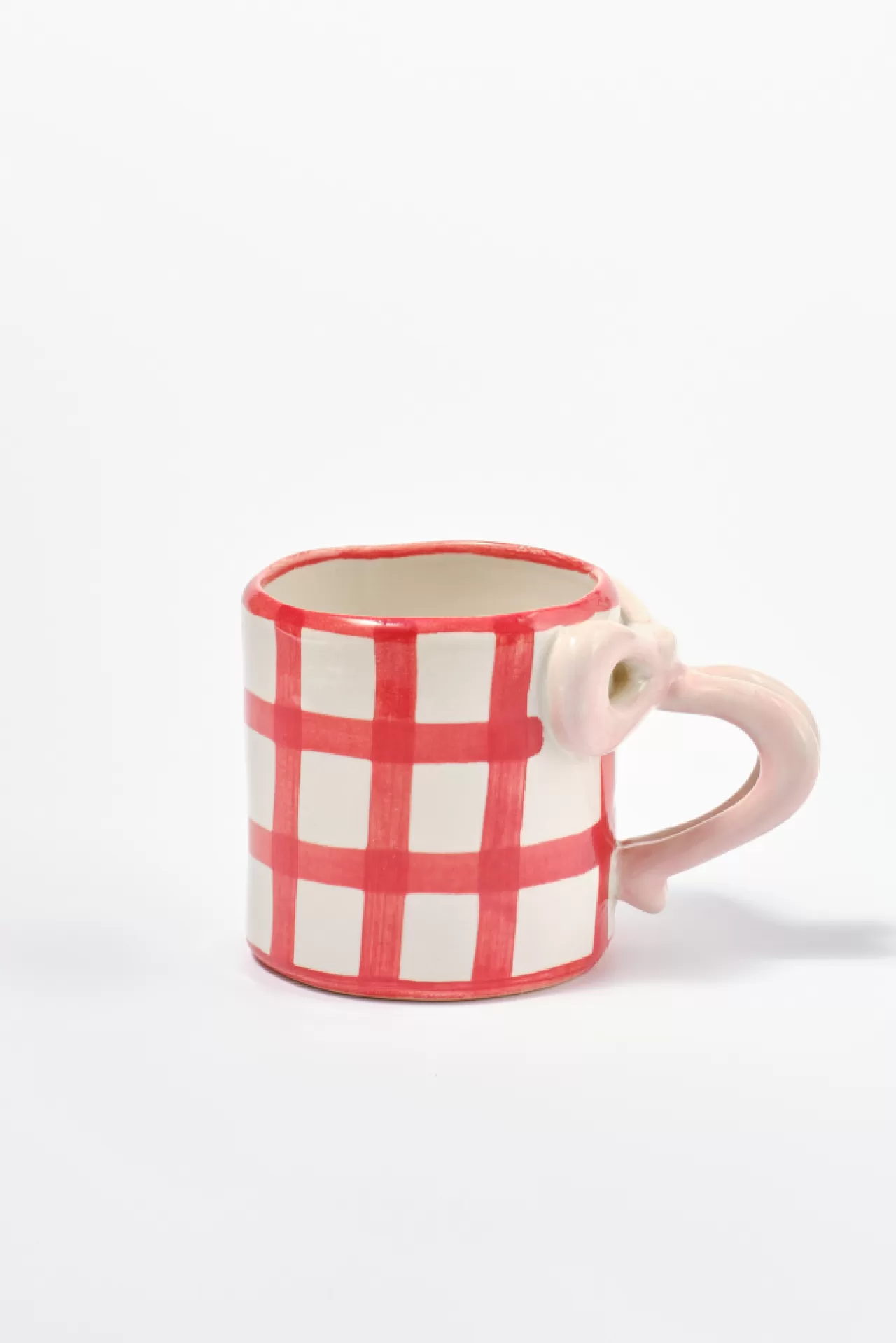 New Damson Madder hand painted bow handle mug - gingham red