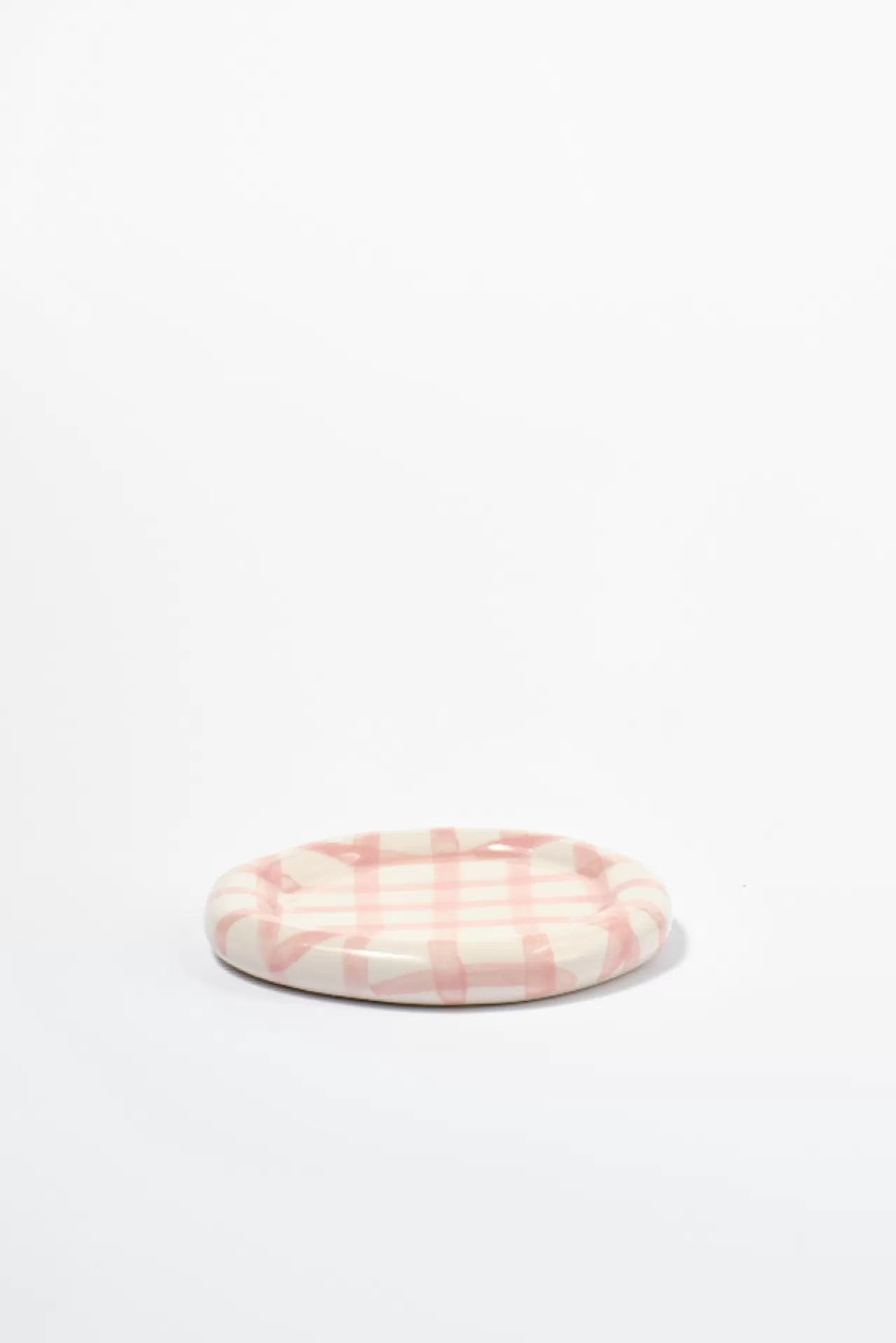 Flash Sale Damson Madder hand painted saucer - gingham pink