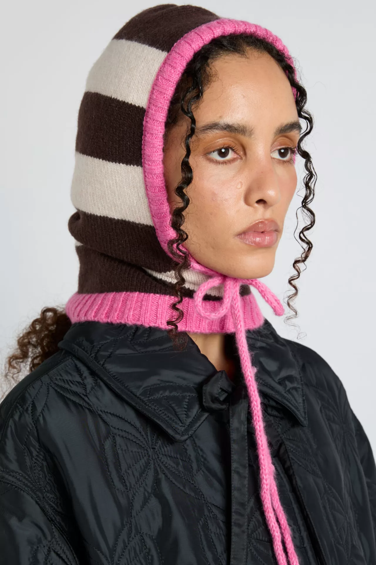 Hot Damson Madder hood in cream u0026 choc with pink tie