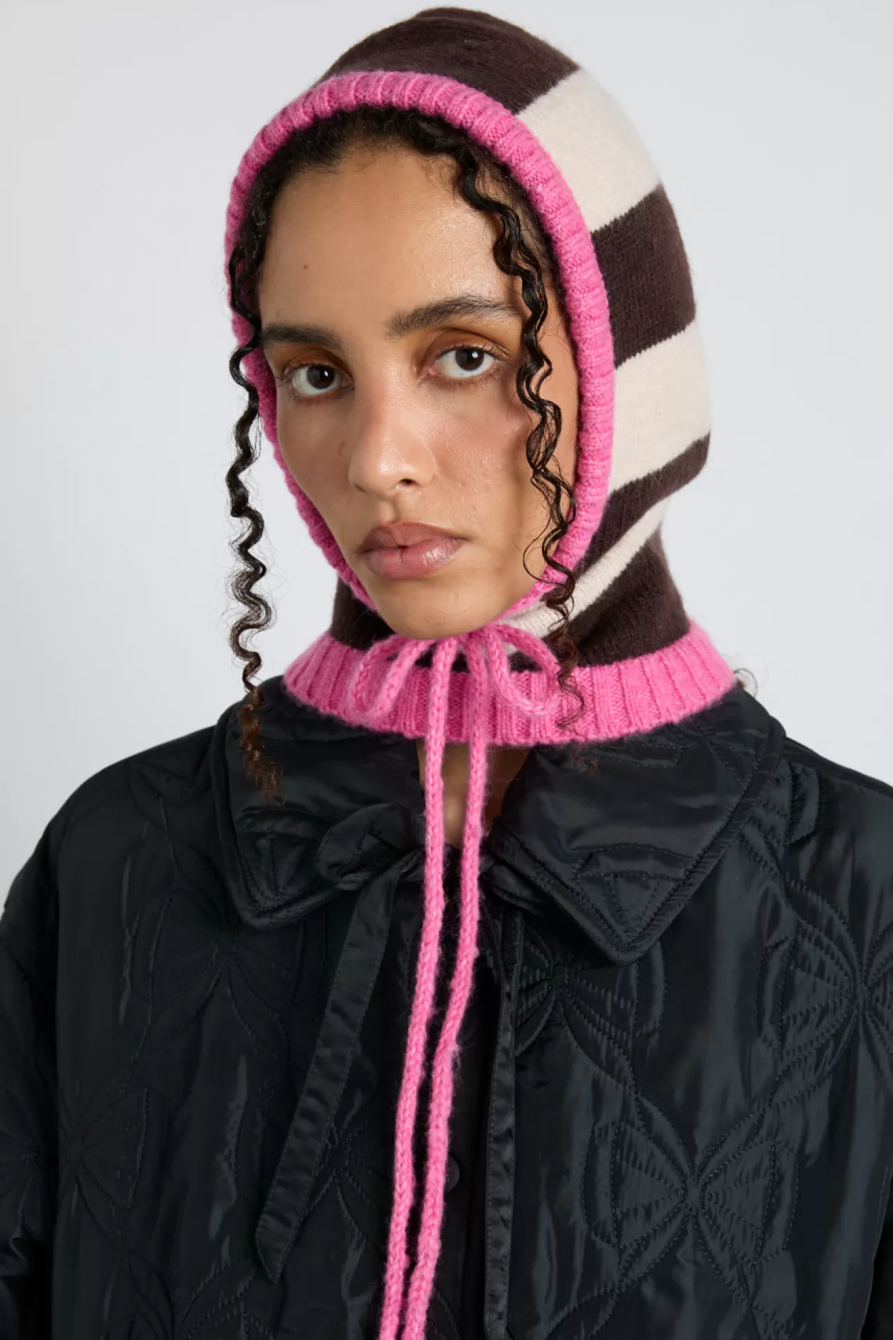 Hot Damson Madder hood in cream u0026 choc with pink tie