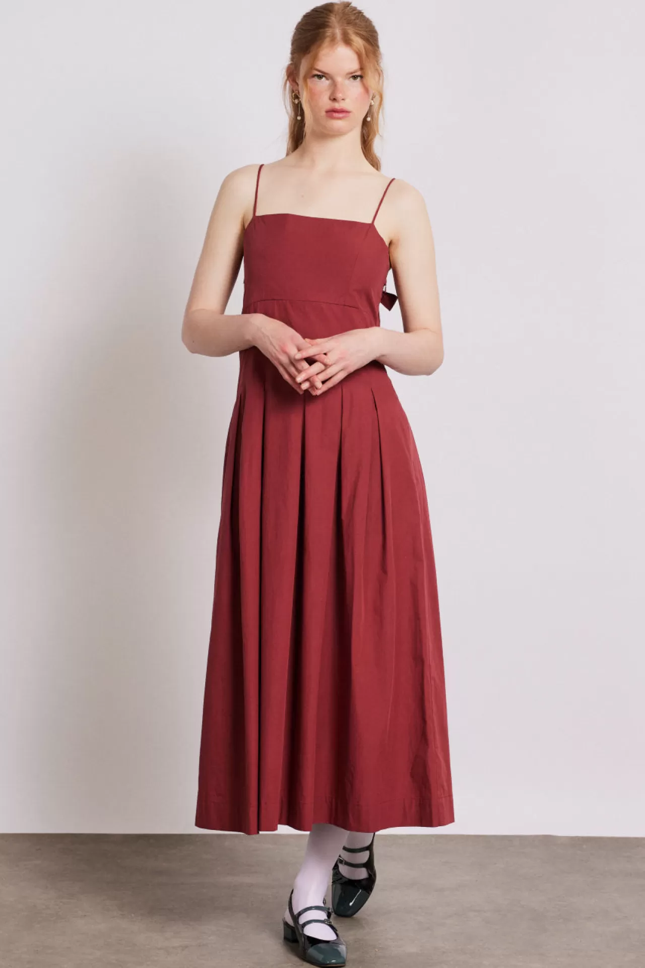 Hot Damson Madder iris bow midi dress red