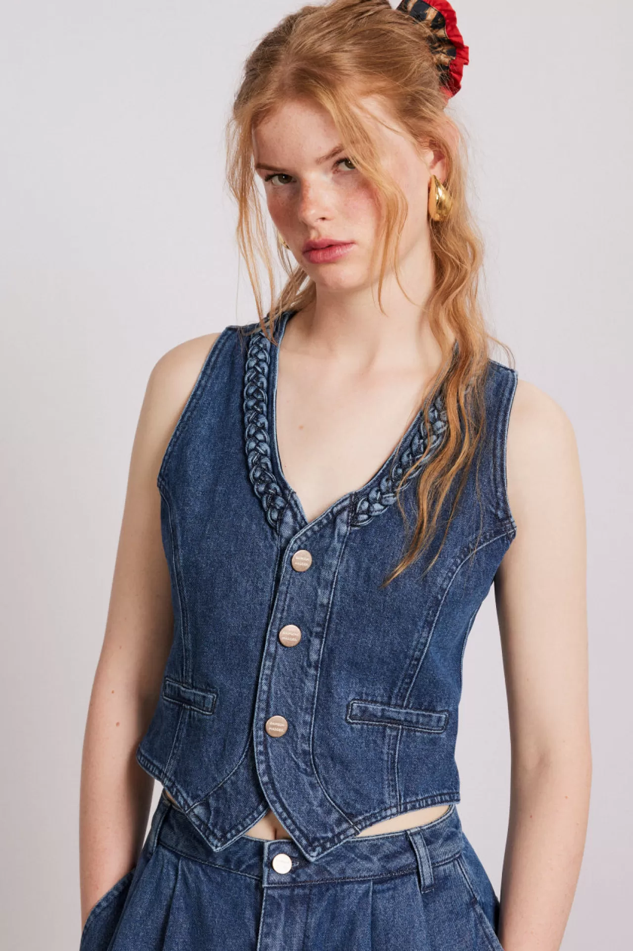 New Damson Madder isla denim waistcoat - vintage wash blue