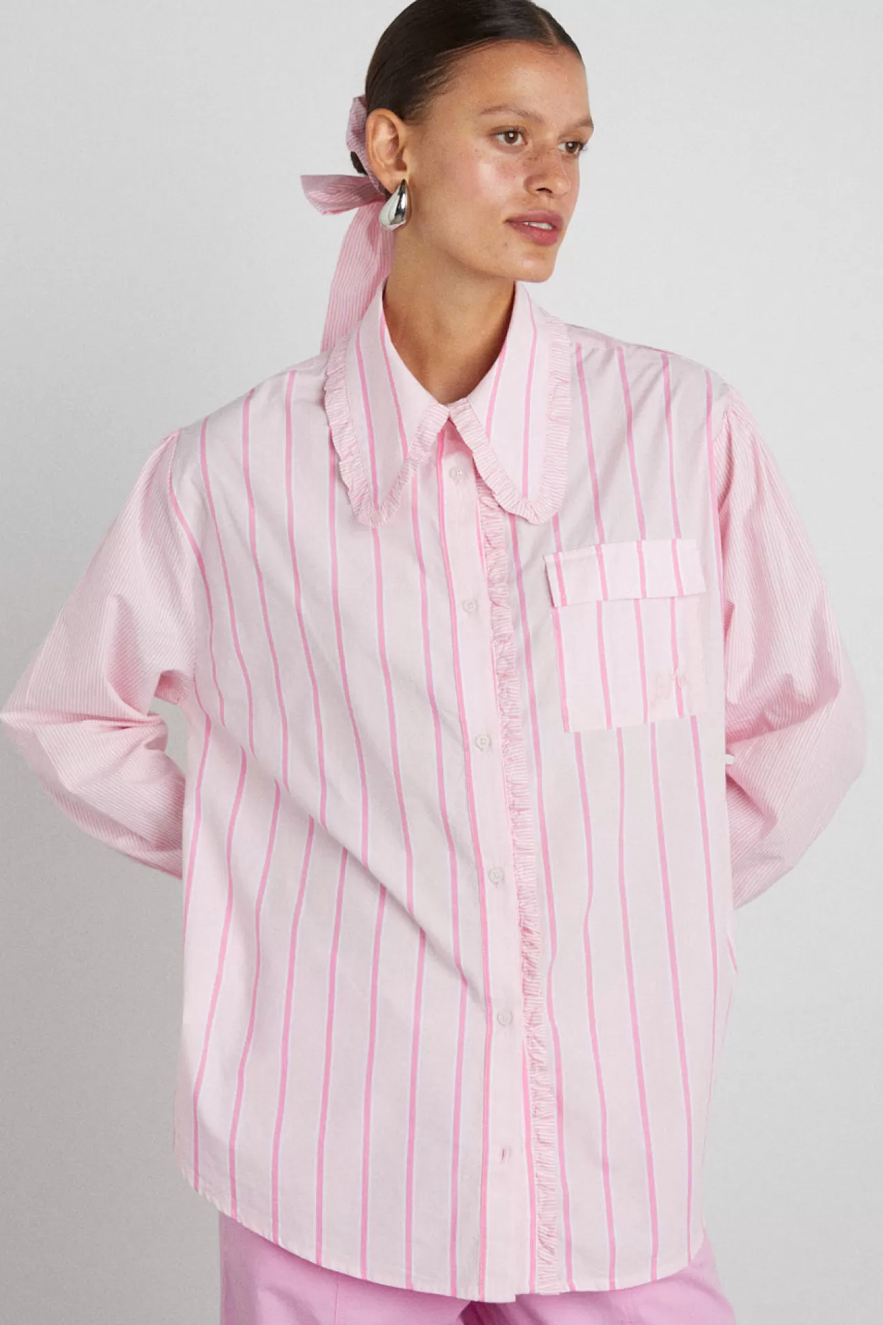 Discount Damson Madder kendall ruffle shirt - stripe mix pink