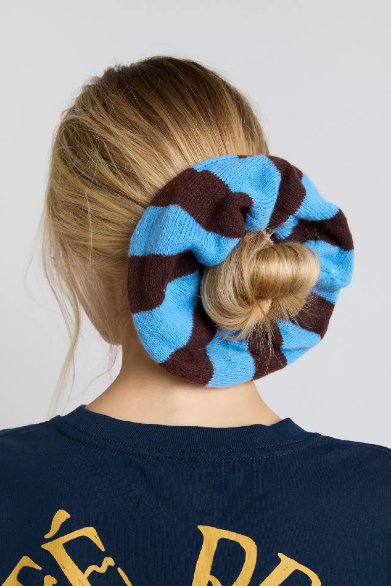 Hot Damson Madder knitted scrunchie in choc u0026 blue stripe choc/blue