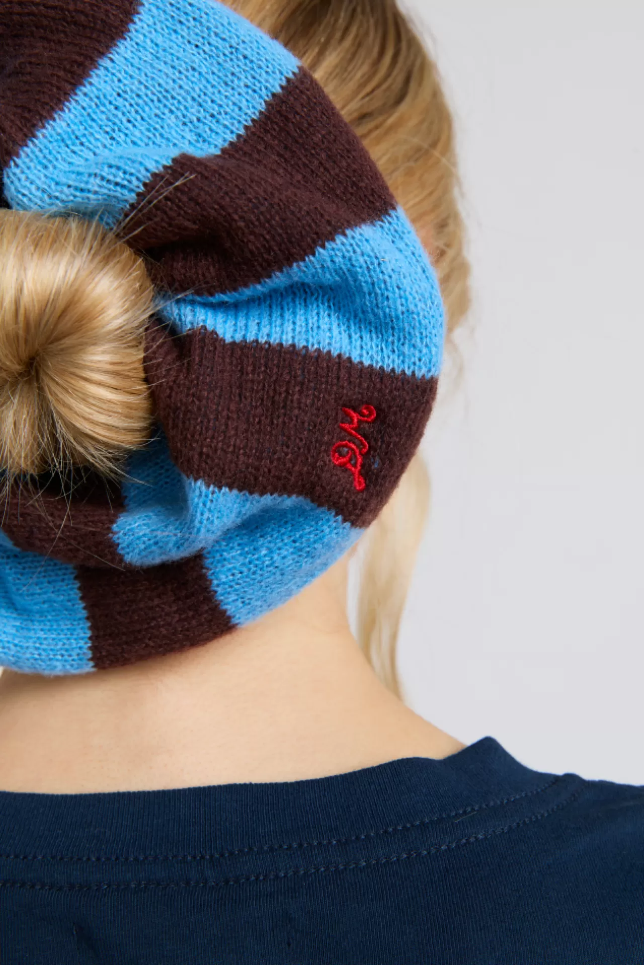 Hot Damson Madder knitted scrunchie in choc u0026 blue stripe choc/blue