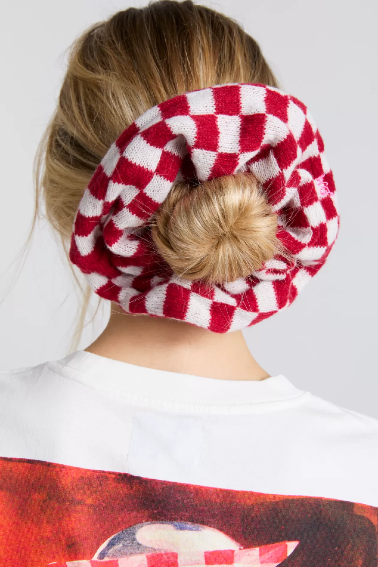 Hot Damson Madder knitted scrunchie in red u0026 ecru gingham