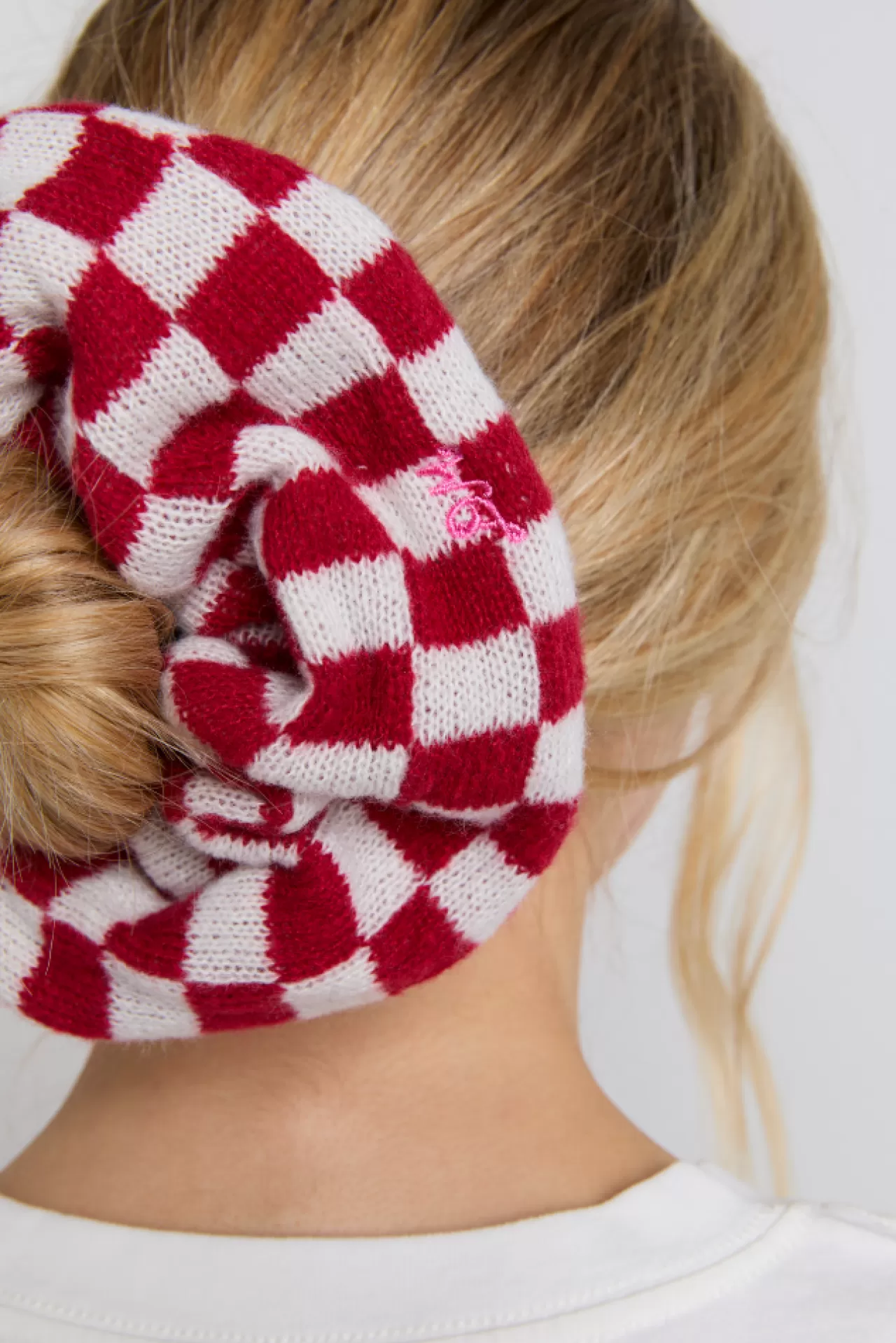 Hot Damson Madder knitted scrunchie in red u0026 ecru gingham