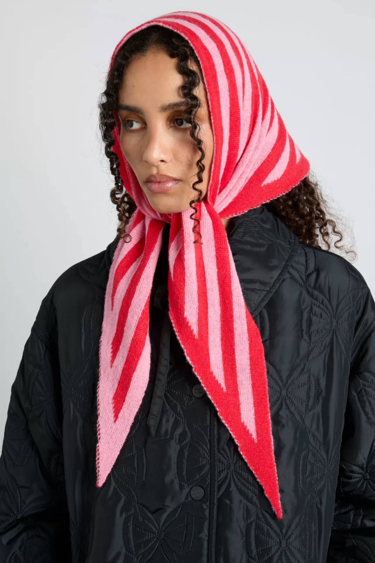 Fashion Damson Madder knitted triangle headscarf in pink u0026 red stripe