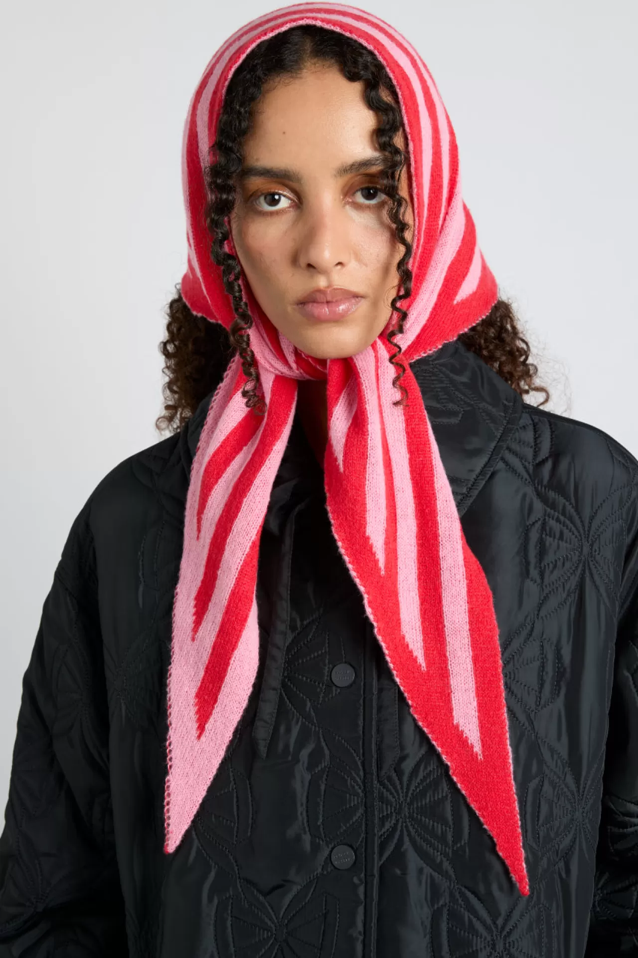 Fashion Damson Madder knitted triangle headscarf in pink u0026 red stripe