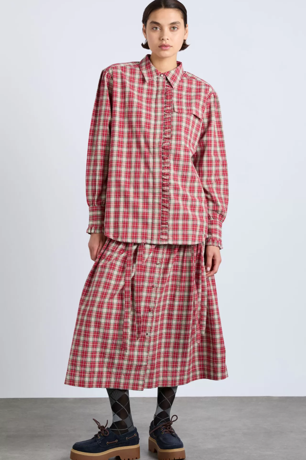 Shop Damson Madder kylie ruffle shirt - check red