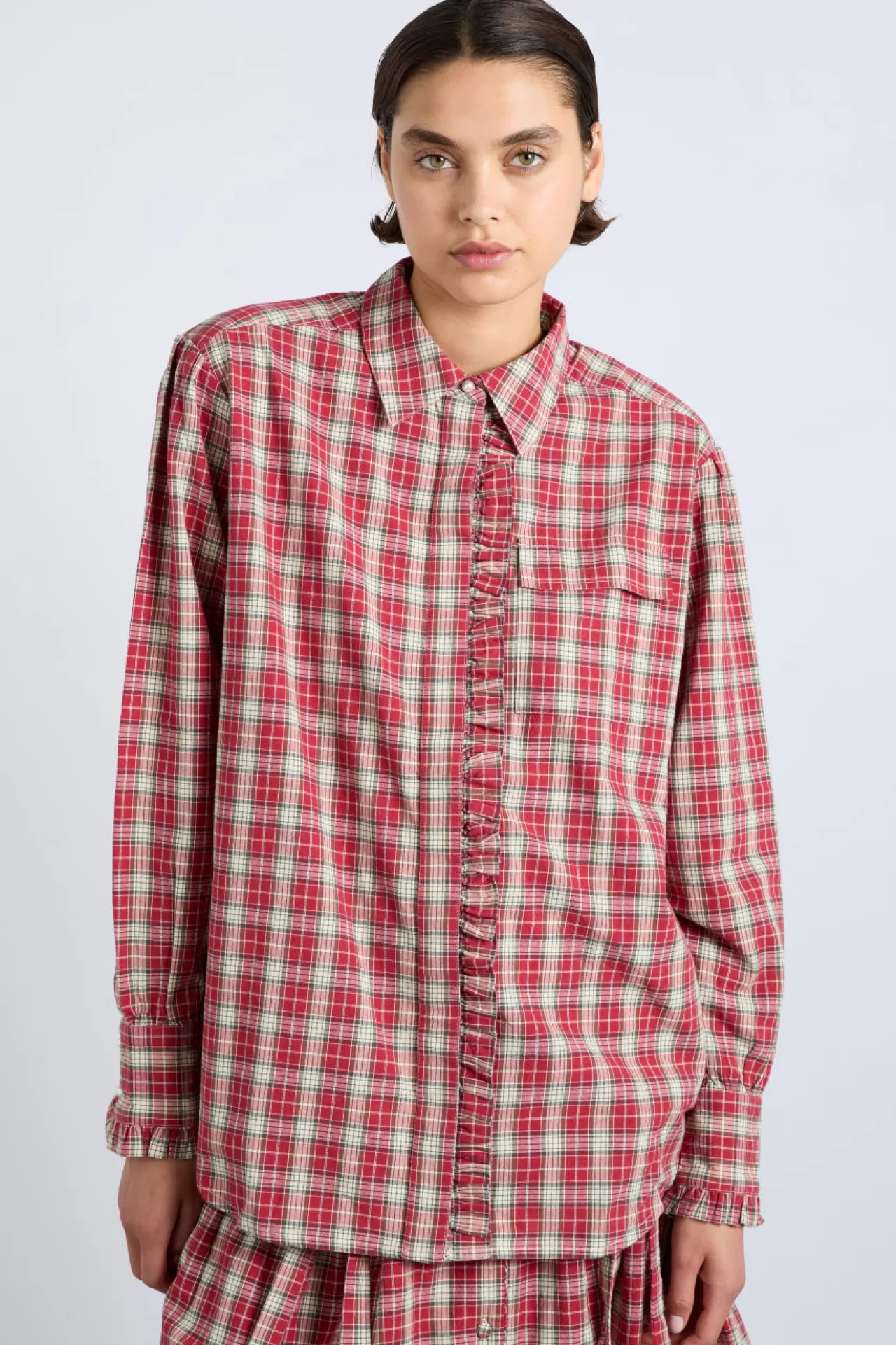 Shop Damson Madder kylie ruffle shirt - check red