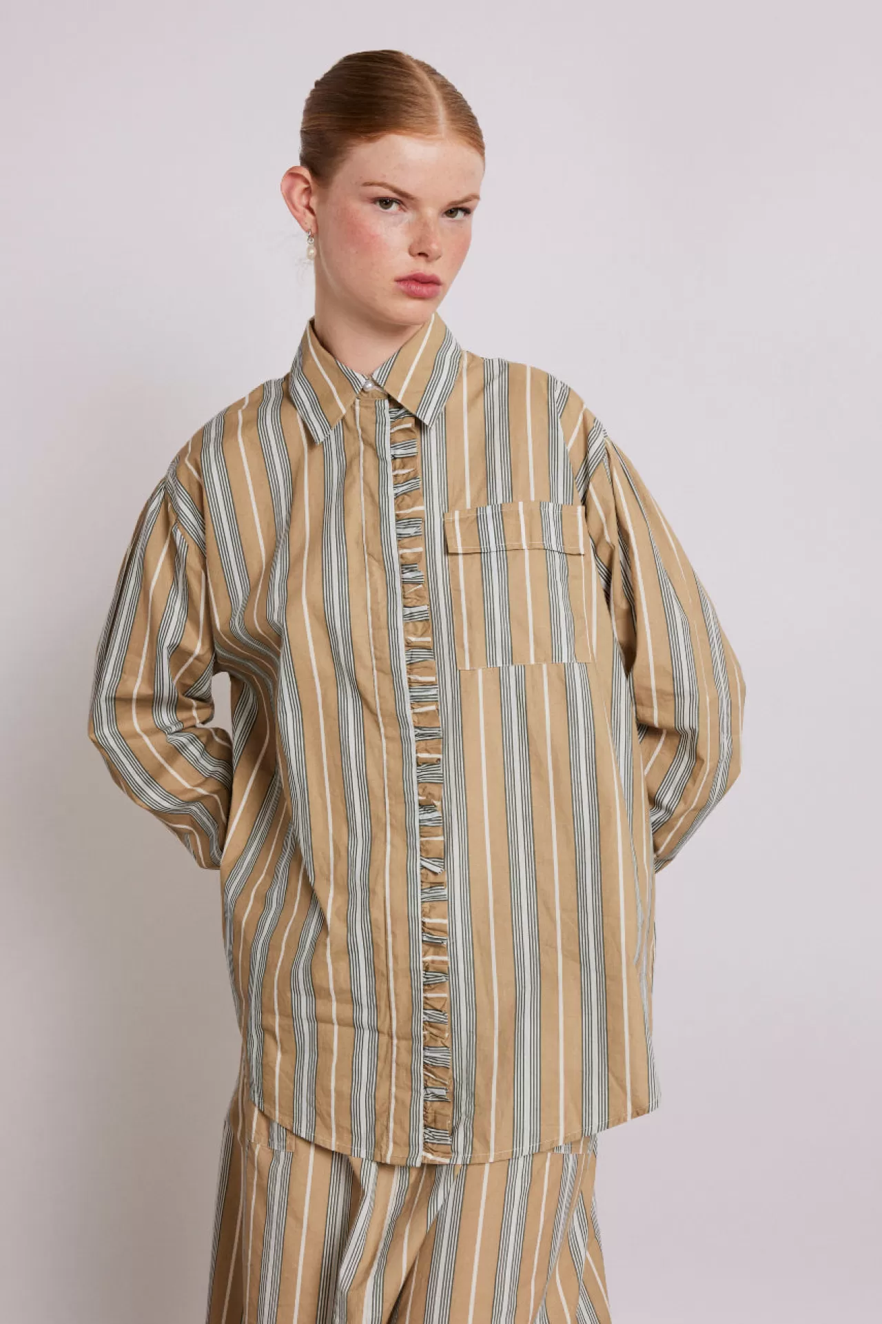 Discount Damson Madder kylie ruffle shirt - tan stripe brown