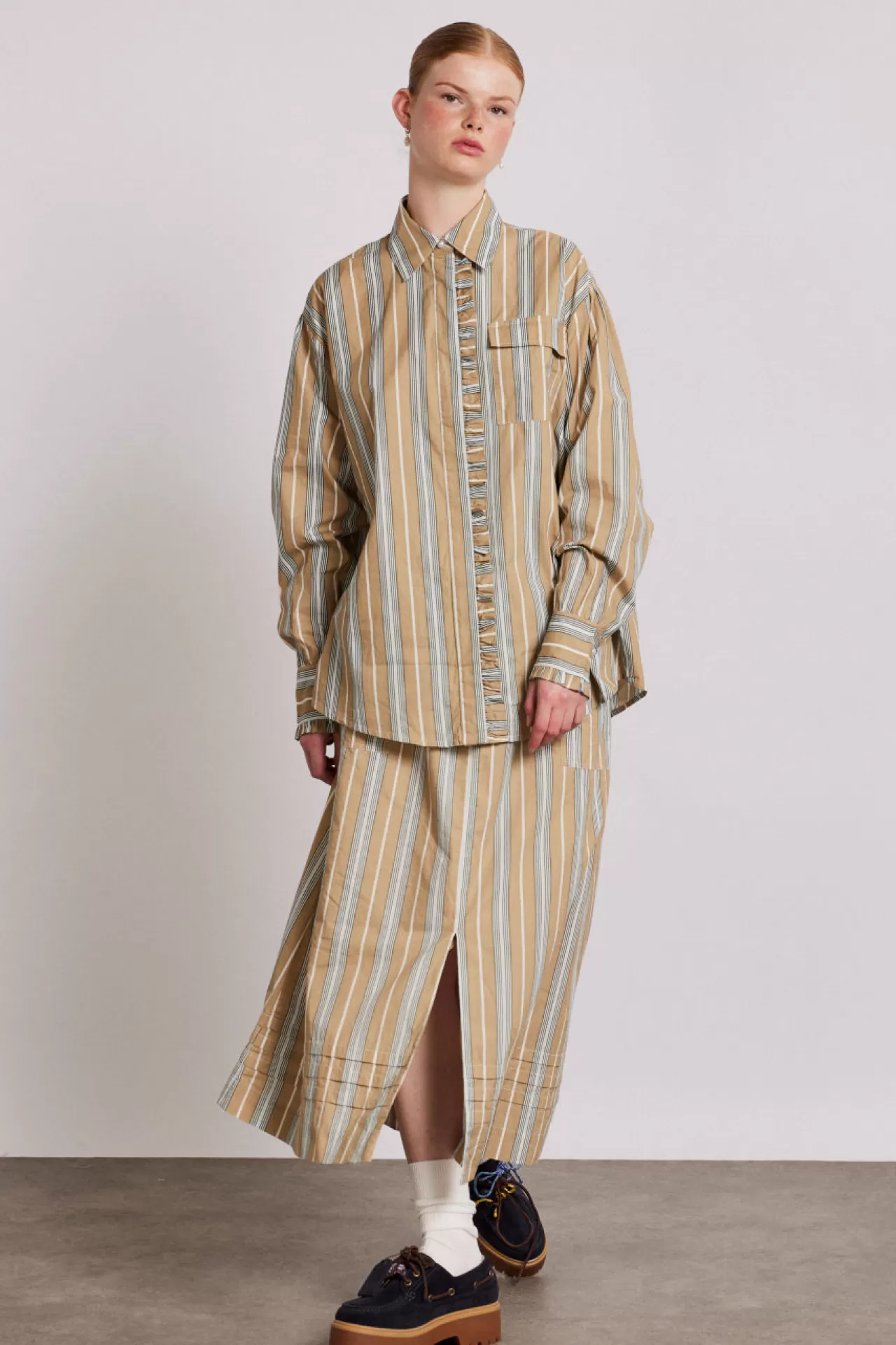 Discount Damson Madder kylie ruffle shirt - tan stripe brown