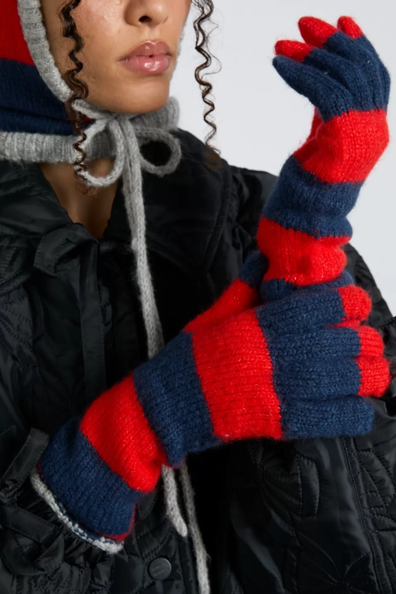 Hot Damson Madder long gloves in navy u0026 red stripe