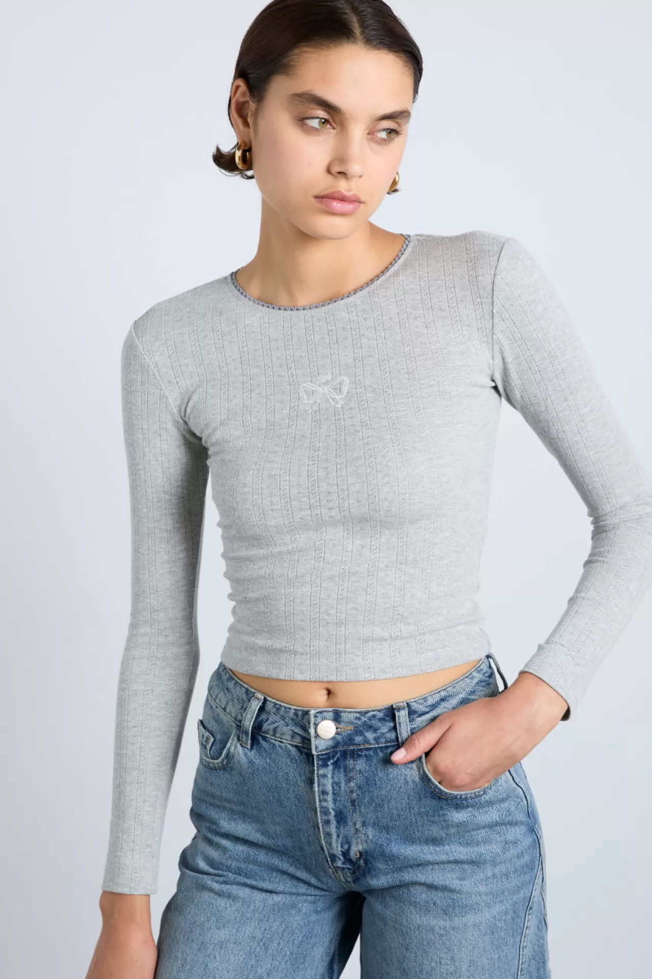 Flash Sale Damson Madder lua long sleeve pointelle top - marl grey