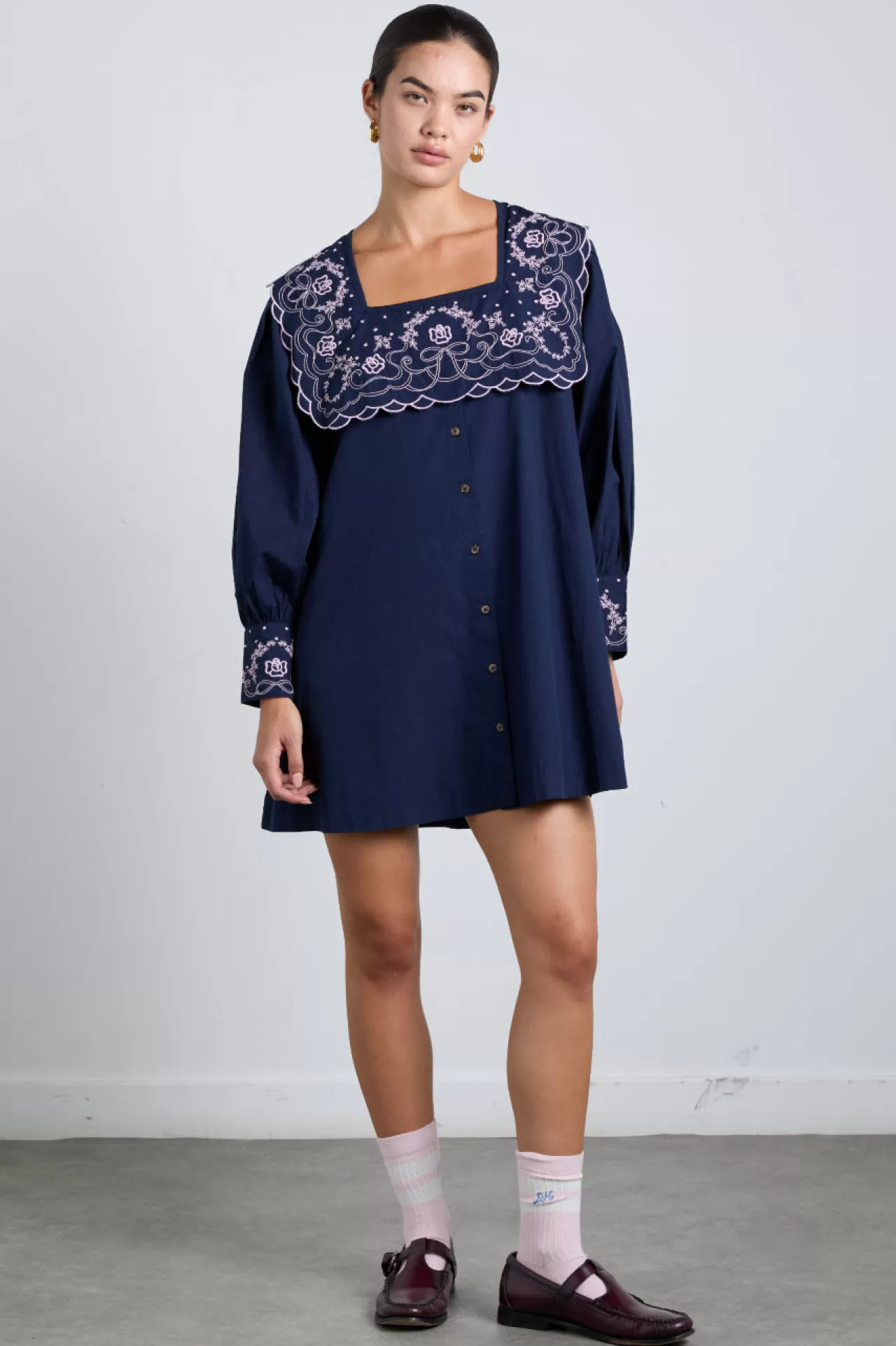 Hot Damson Madder mala embroidered mini dress- navy