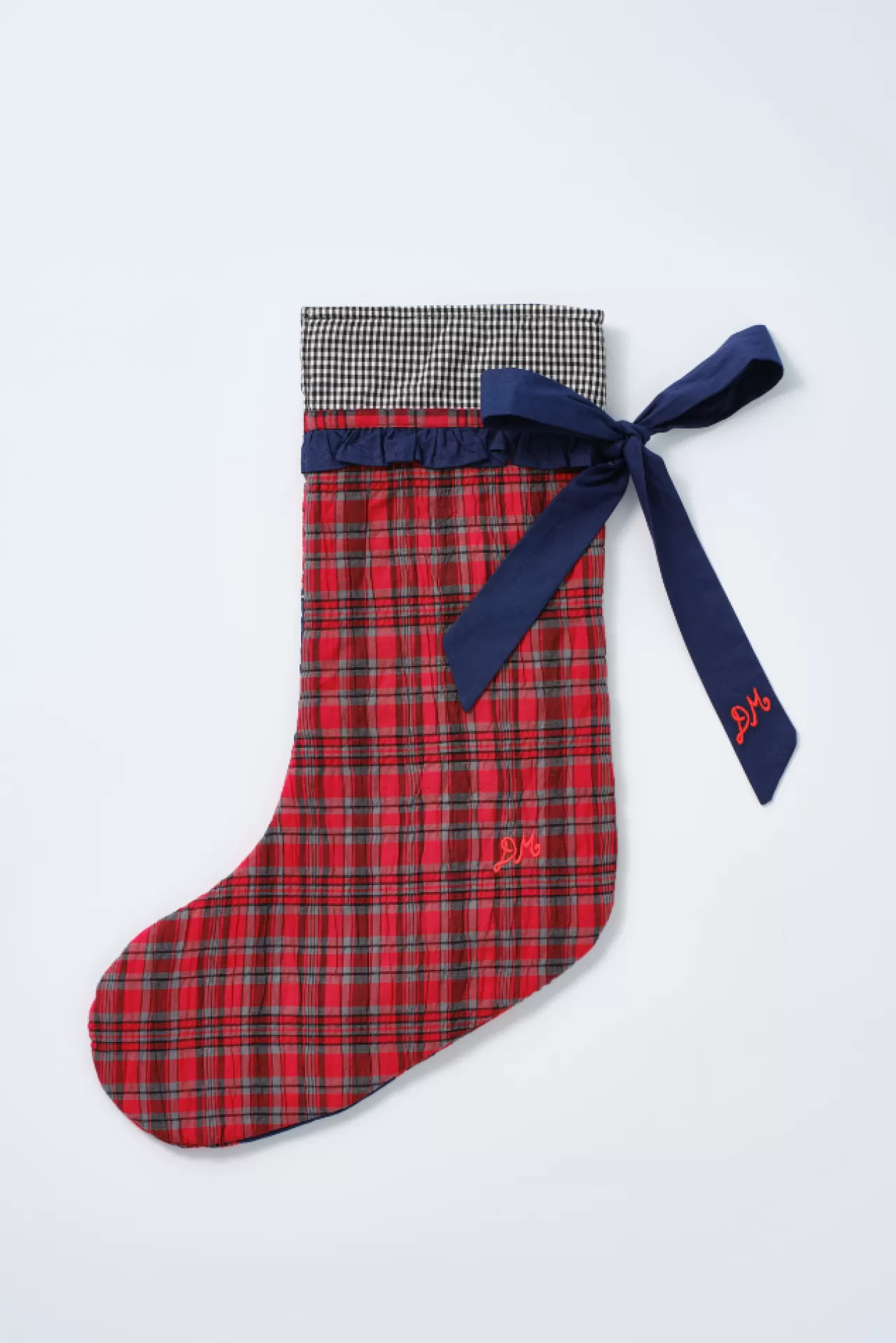 Flash Sale Damson Madder patchwork bow christmas stocking - navy, gingham u0026 red check multi