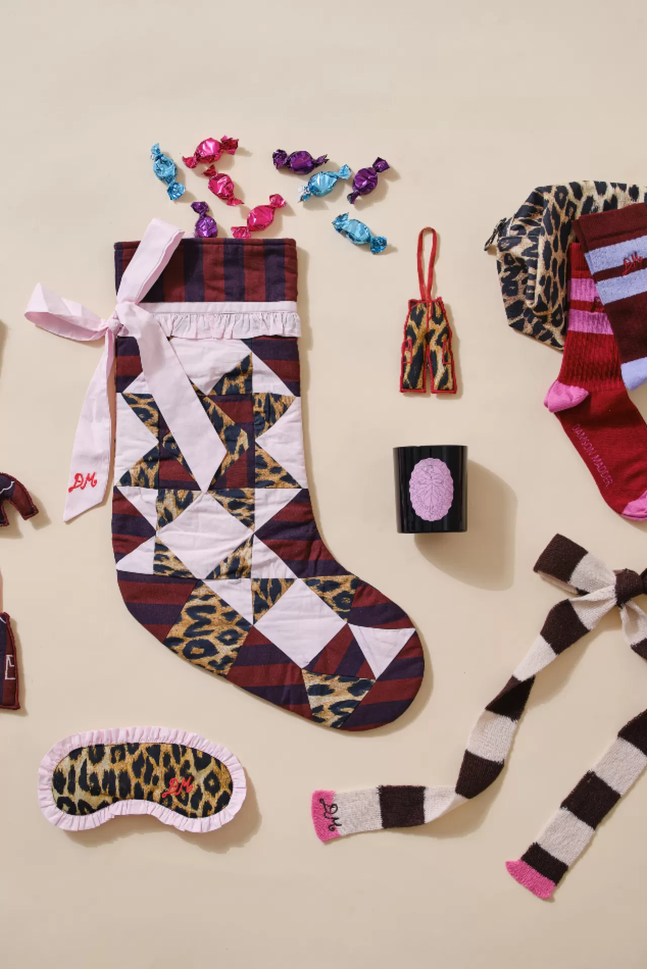 Flash Sale Damson Madder patchwork bow christmas stocking - pink, leopard u0026 stripe multi