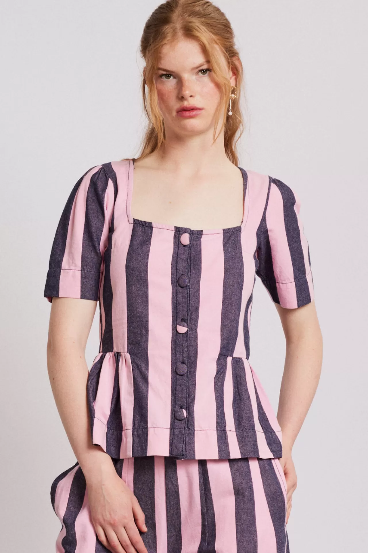 Fashion Damson Madder philly peplum blouse - pink blue stripe multi