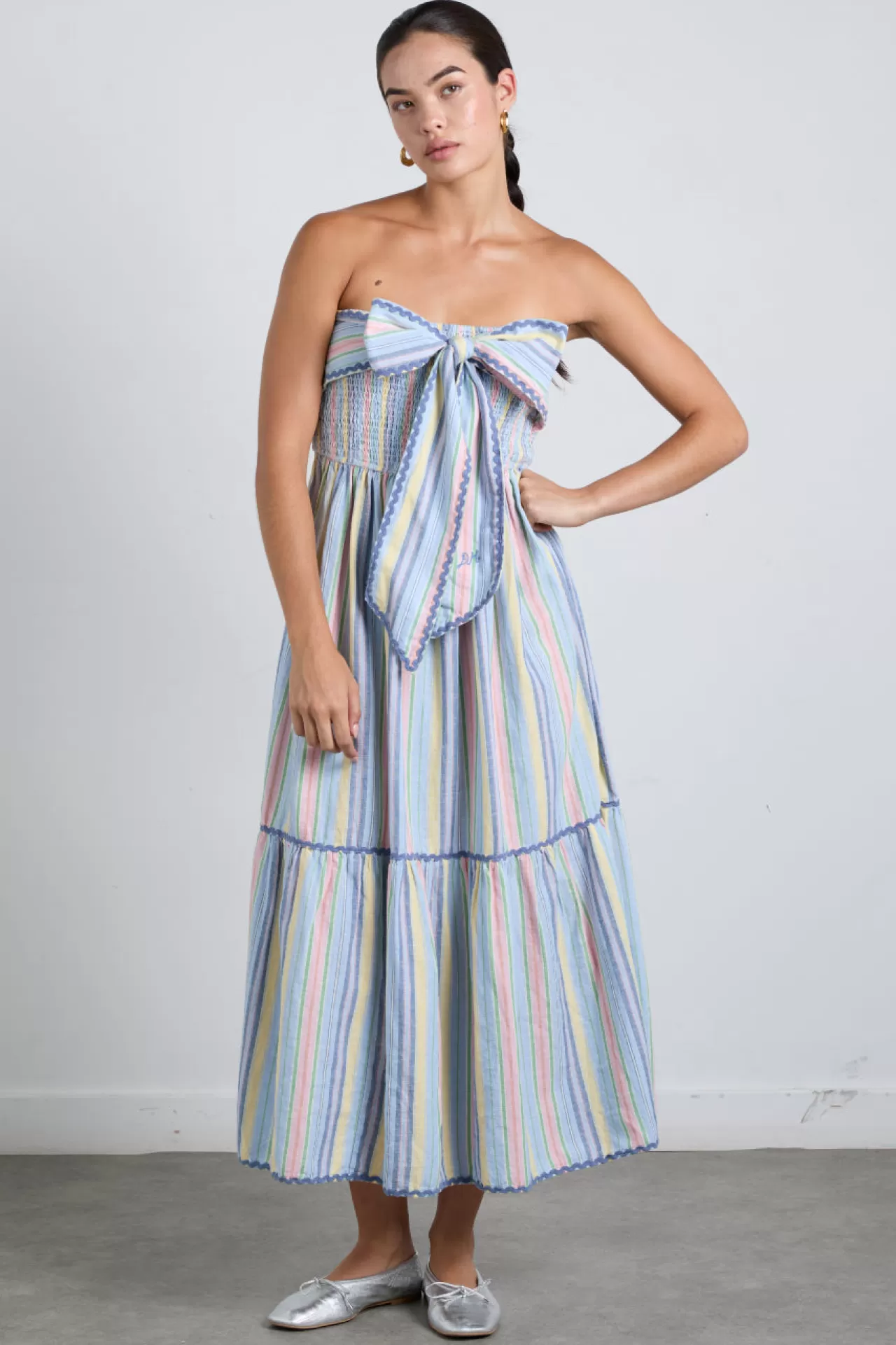 Clearance Damson Madder pia midi dress - pastel stripe multi
